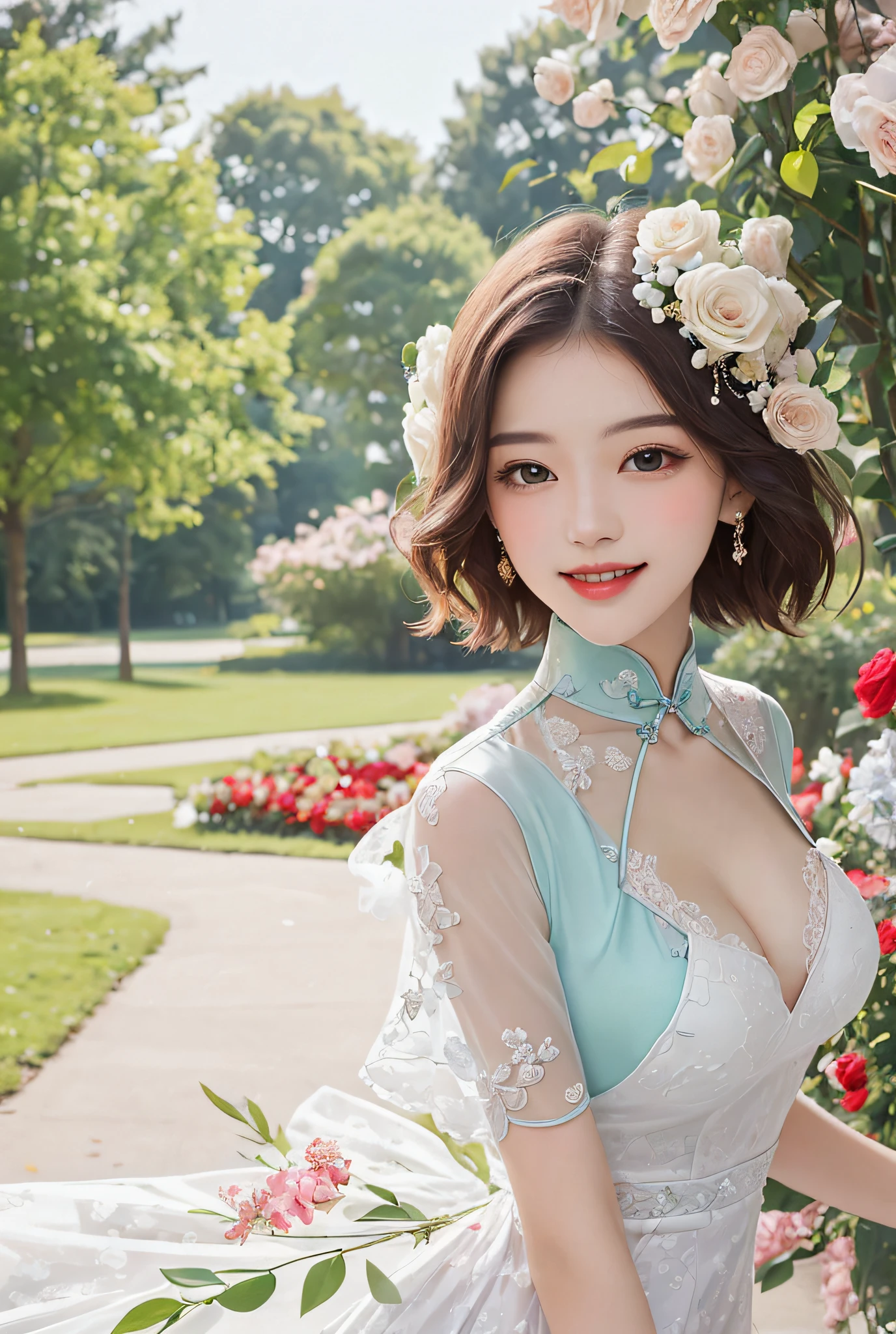 (Masterpiece, Top Quality, Best Quality, Official Art, Beauty and Aesthetics: 1.2), in the park there is a woman holding a bouquet of flowers, a lovely young woman, short hair, a smile, (shy smile), a portrait of high quality, f/1. 9 6.8 1 mm ISO 4 0, holding flowers, Chen Xintong, cute and beautiful young woman, Loepfe portrait, wearing sexy cheongsam, (red and white color scheme), medium breasts, (with cleavage), fair skin, (supple skin, very white), (fractal art: 1.3), colorful, highest detail