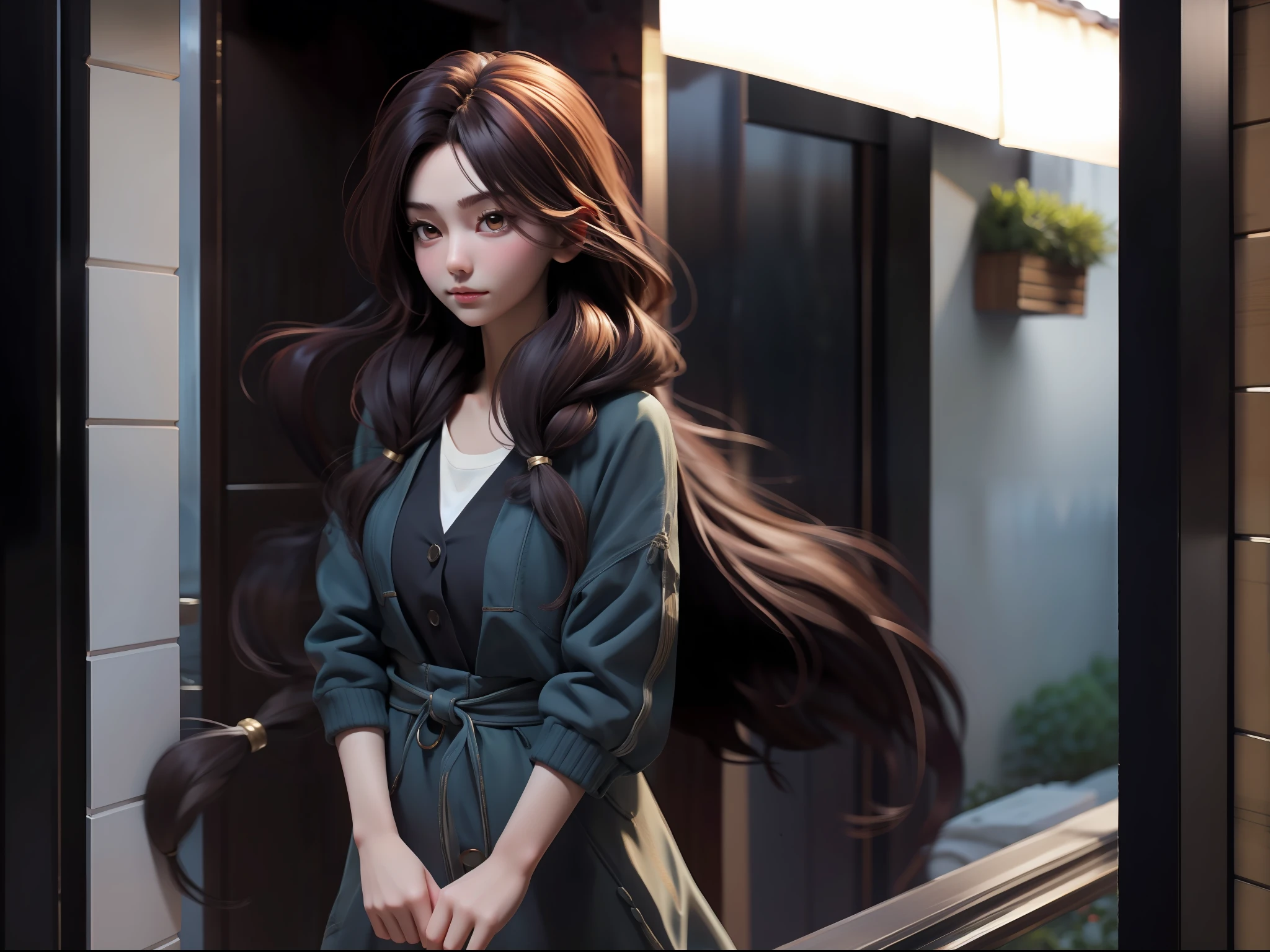 A beautiful girl with long hair pushes the door home in the early morning