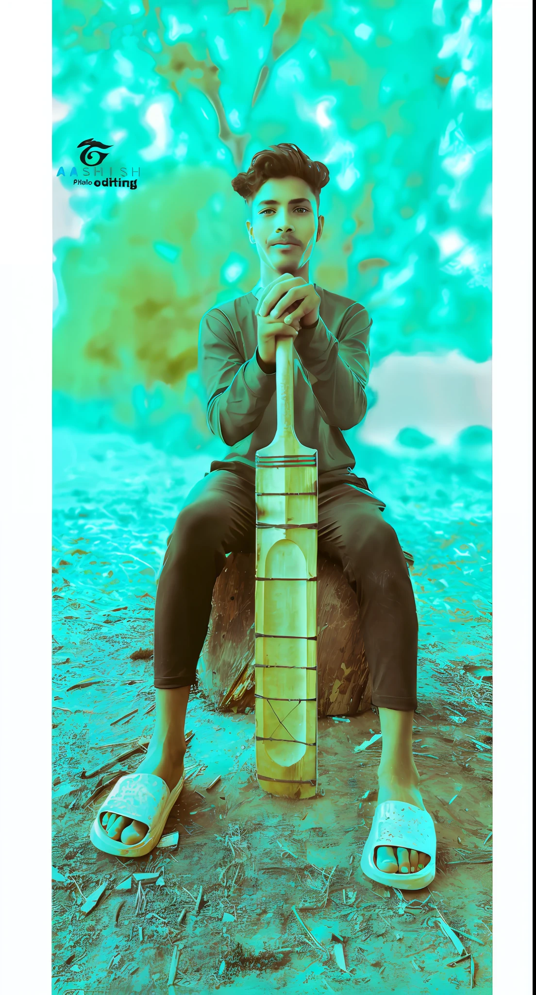 there is a man sitting on a rock holding a bat, album art, full body potrait holding bottle, psychedelic colorization, musician, inspired by Billy Childish, inspired by Gustave Boulanger, potrait, inspired by Bohumil Kubista, alternate album cover, made with photoshop, with axe, new album cover, album, with leviathan axe