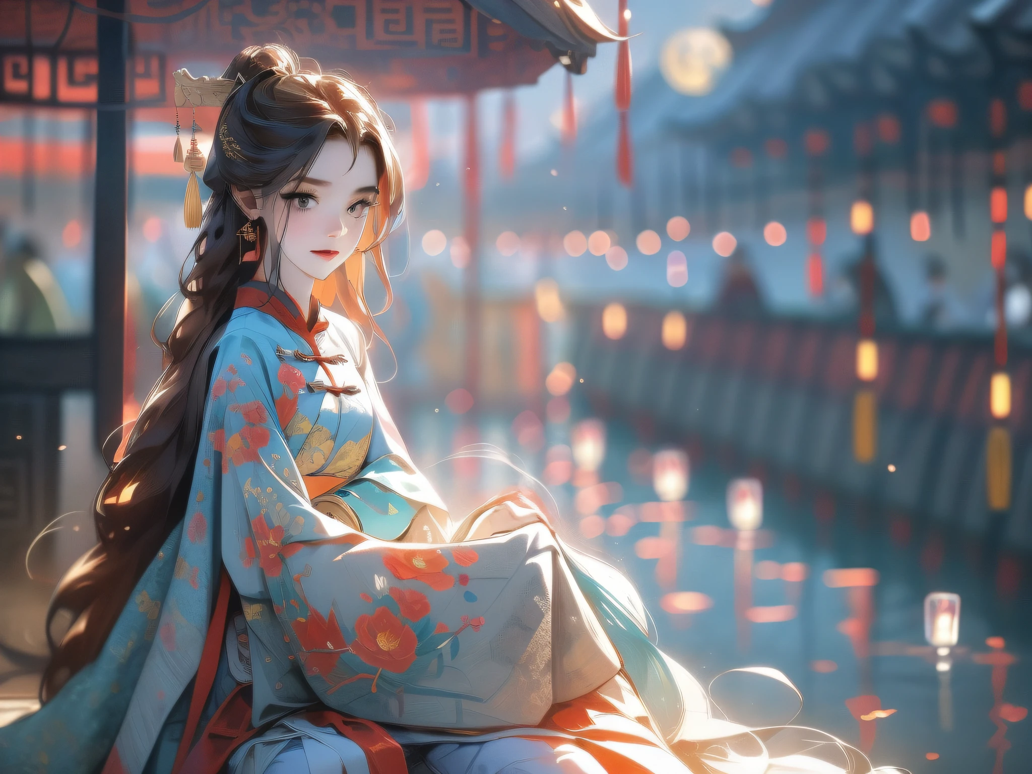 Chinese style, ancient costume, girl, sitting in a gazebo, looking at the lake, the water reflects the moon half obscured by clouds