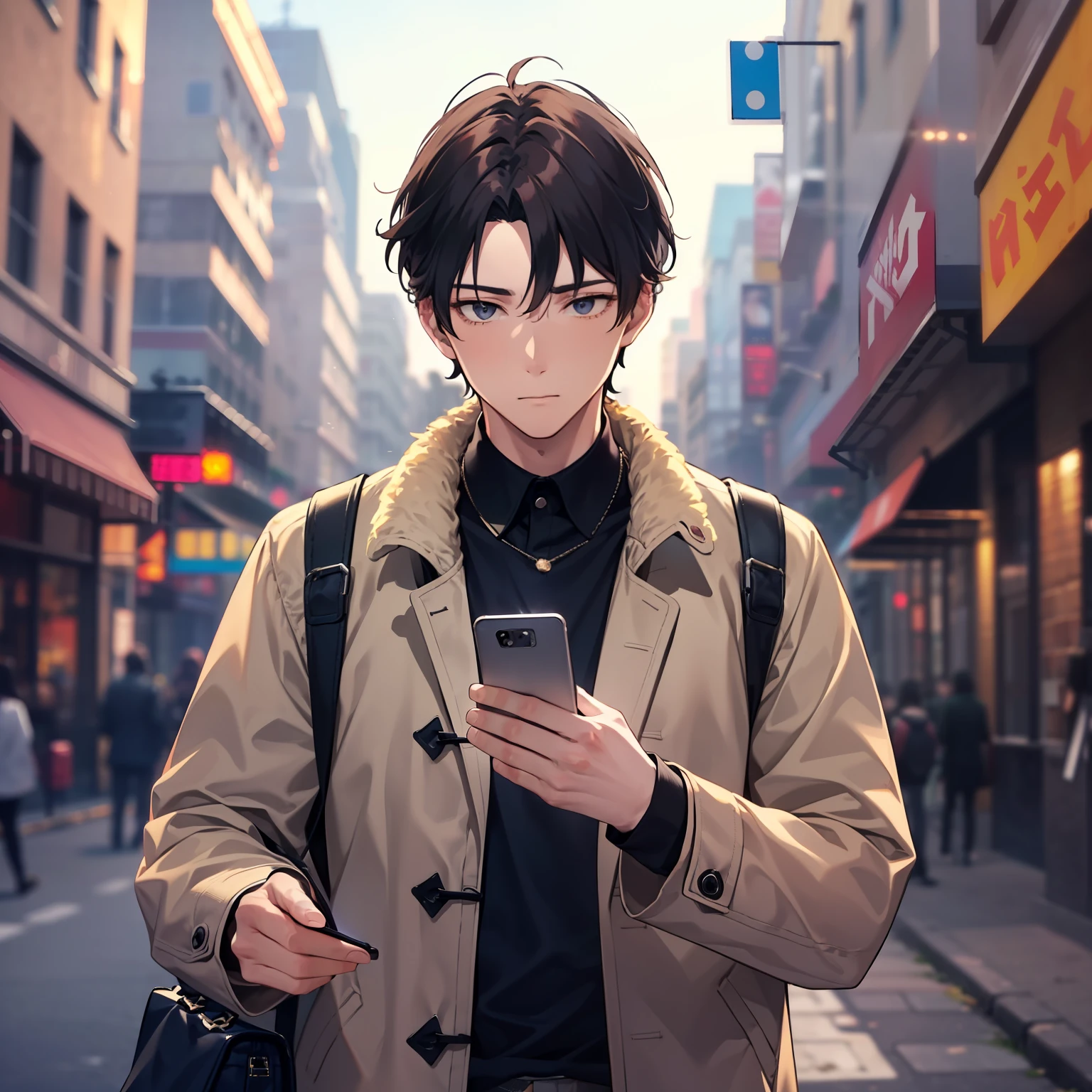 (A man in a casual coat 1.4)
(Look down at your phone 1.4)
(shows upper body 1.3)
(Display mobile screen 1.3)
(1.4 on the street)