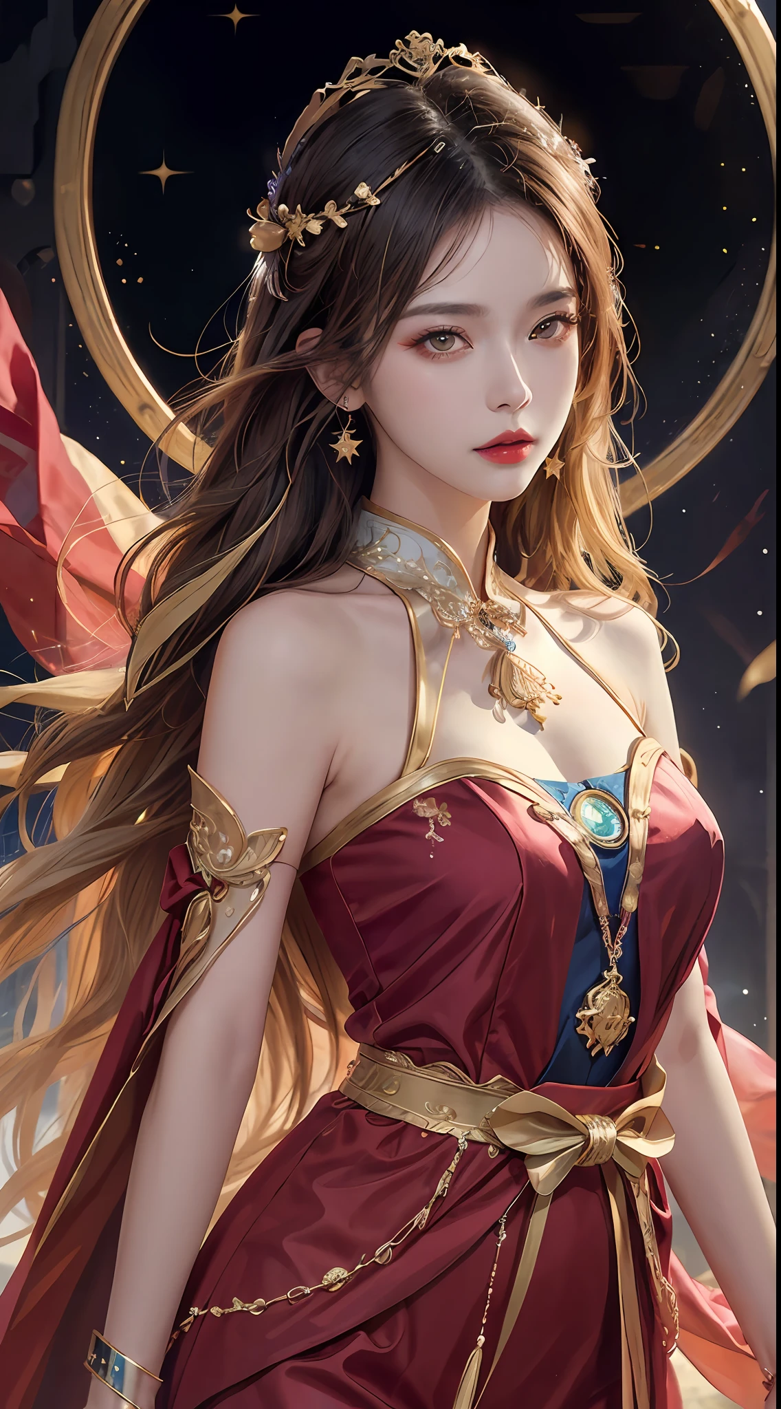1 27-year-old girl, 1 zodiac goddess from the future, goddess of the pink and purple 12 zodiacs, the goddess of the zodiac in a yellow ao dai, a 12 zodiac ao dai with many black lace detail, mythology Goddess of the 12 zodiacs from the future, zodiac ♏, luxurious glittering zodiac style, dark and mysterious version, zodiac crown, lipstick lips red, thin and beautiful lips, Smile makes viewers fall in love, characters made by karol bak and pino daeni, intricate detail, detailed background, extremely detailed, light magic, a woman, clear face, look at the face of goddess zodialook at the zodiac goddess face, hair long with bangs, beautiful face in detail and well-proportioned eyes, (transparent yellow eyes: 1.8), big round eyes and very beautiful and detailed makeup, foresight, silk dress, mysterious makeup, double bangs and dyed light blonde, uper body, zodiac goddess uper body, arms hanging loosely, Realistic and vivid photo, (stars make up the zodiac: 1.7), (sky background zodiac and fictitious space and time portal: 1.8), fiction art, RAW photo, hanfu picture, best photo, best photo quality, 8k quality, 8k ultra, super realistic, real photo most economical, artistic portrait of goddess zodiac,