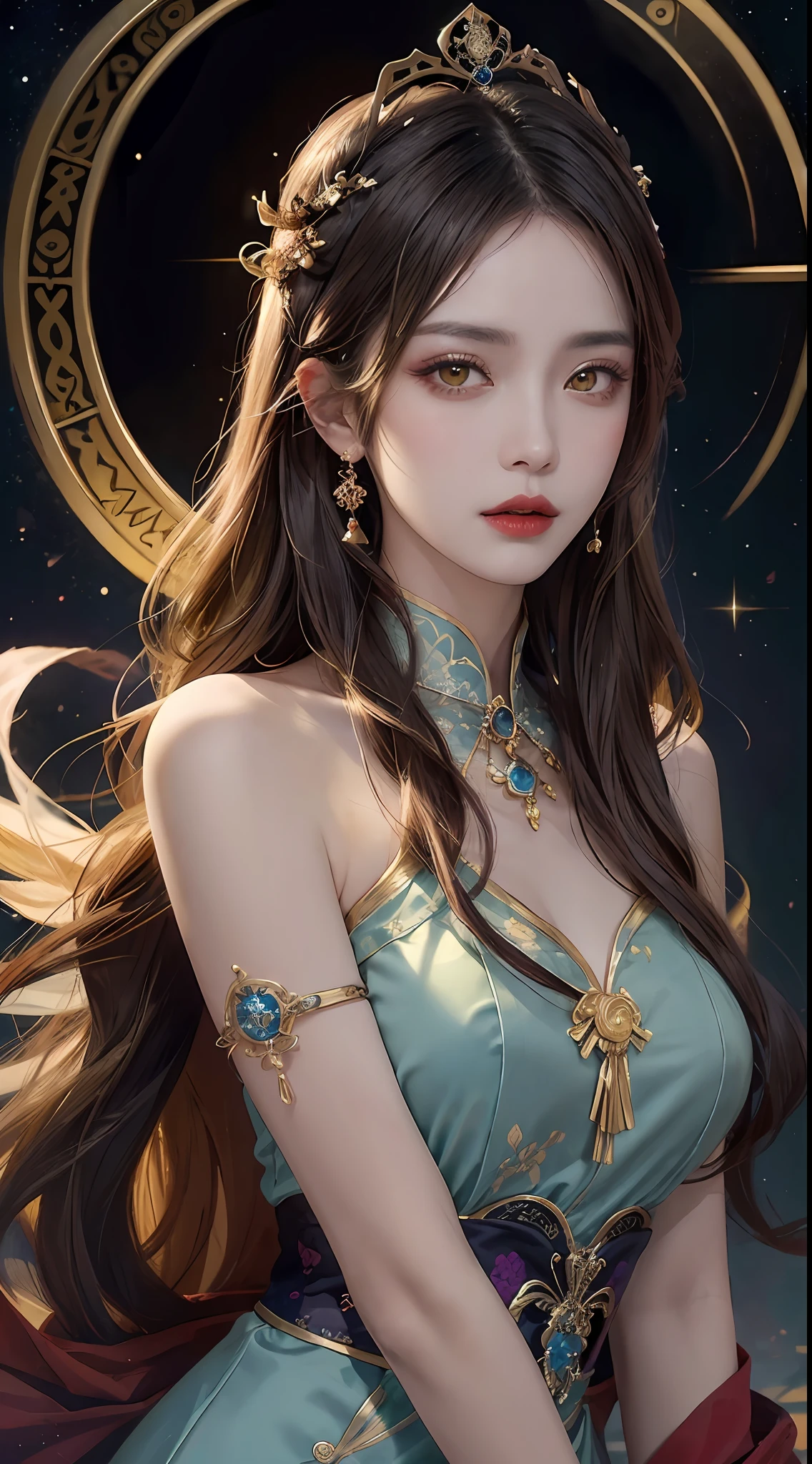 1 27-year-old girl, 1 zodiac goddess from the future, goddess of the pink and purple 12 zodiacs, the goddess of the zodiac in a yellow ao dai, a 12 zodiac ao dai with many black lace detail, mythology Goddess of the 12 zodiacs from the future, zodiac ♏, luxurious glittering zodiac style, dark and mysterious version, zodiac crown, lipstick lips red, thin and beautiful lips, Smile makes viewers fall in love, characters made by karol bak and pino daeni, intricate detail, detailed background, extremely detailed, light magic, a woman, clear face, look at the face of goddess zodialook at the zodiac goddess face, hair long with bangs, beautiful face in detail and well-proportioned eyes, (transparent yellow eyes: 1.8), big round eyes and very beautiful and detailed makeup, foresight, silk dress, mysterious makeup, double bangs and dyed light blonde, uper body, zodiac goddess uper body, arms hanging loosely, Realistic and vivid photo, (stars make up the zodiac: 1.7), (sky background zodiac and fictitious space and time portal: 1.8), fiction art, RAW photo, hanfu picture, best photo, best photo quality, 8k quality, 8k ultra, super realistic, real photo most economical, artistic portrait of goddess zodiac,