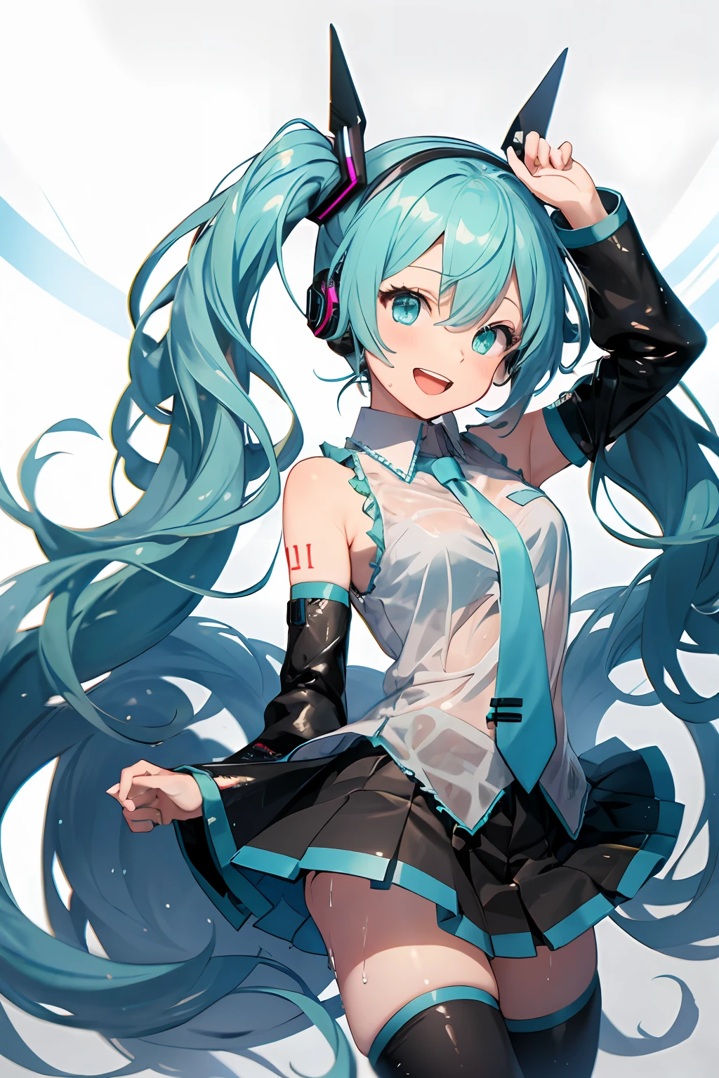 Hatsune Miku, happy, smile, mouth open, singing, dancing, highest quality, high resolution. Intricate Details,Top Quality, Chromatic Aberration, 1girl, Solo, wet Skirt, Hatsune Miku, Long Hair, Thighs, Twin Tails, Detached Sleeves, Tie, Thigh Boots, Boots, Sleeveless, Headset, Aqua Eyes, Pleated Skirt, Aqua Hair, Full Body, Sleeveless Shirt, Simple Background, Very Long Hair, White background, black footwear, black thighs, hair ornament