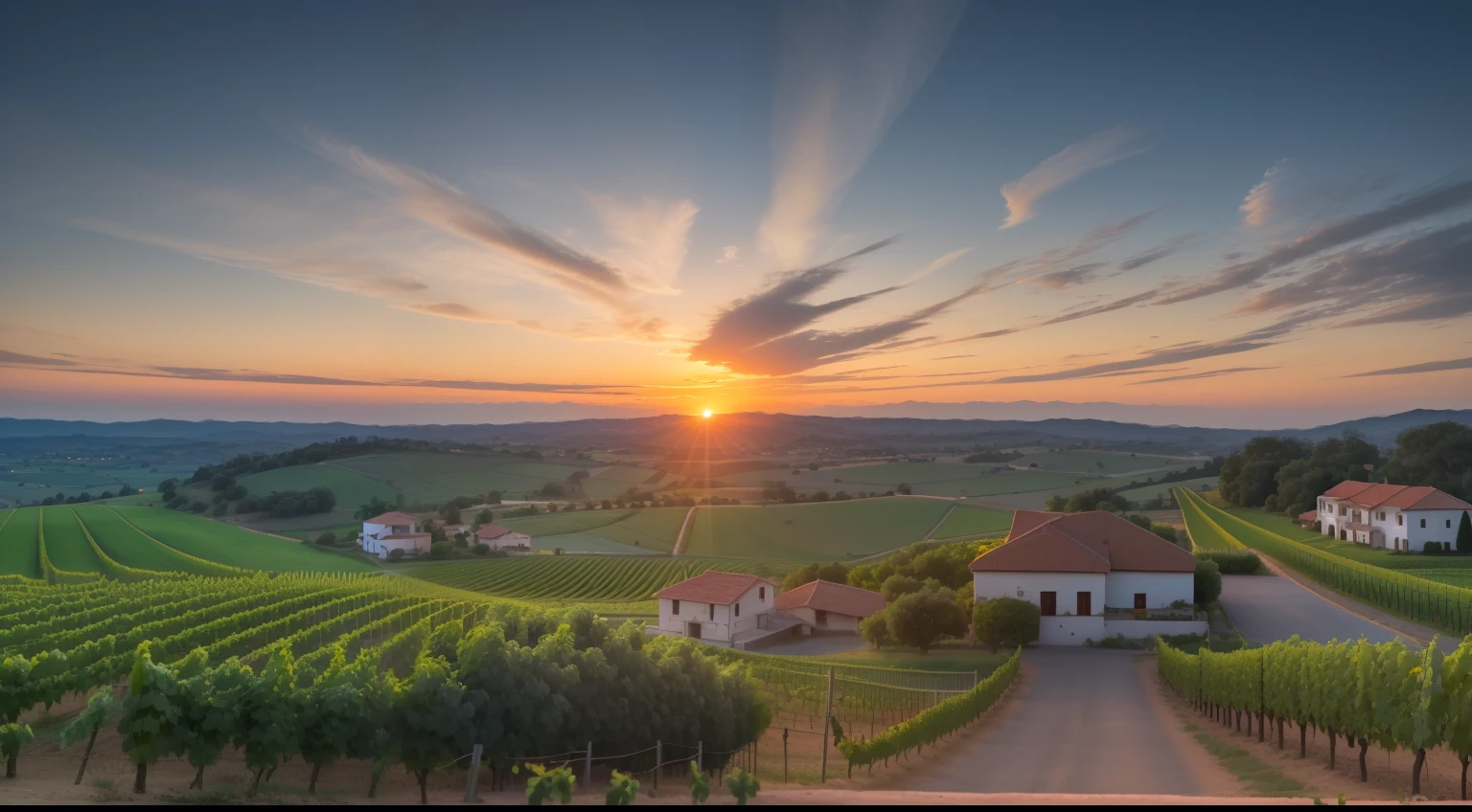 Sunset in vineyard with house and winding road, shutterstock, Windmills in Andalusia　hills, high quality image ", Matt Cavotta, Jürgen von Hündeberg, Sebastian Splengu, Matthias Weischer, Sunset glow, sunset panorama, summer sunset, summer sunset, Francesco Raibolini, by Carlo Martini, sunset view, Karl Hofer, Overs Watching Sunset, Amazing Details, 32K