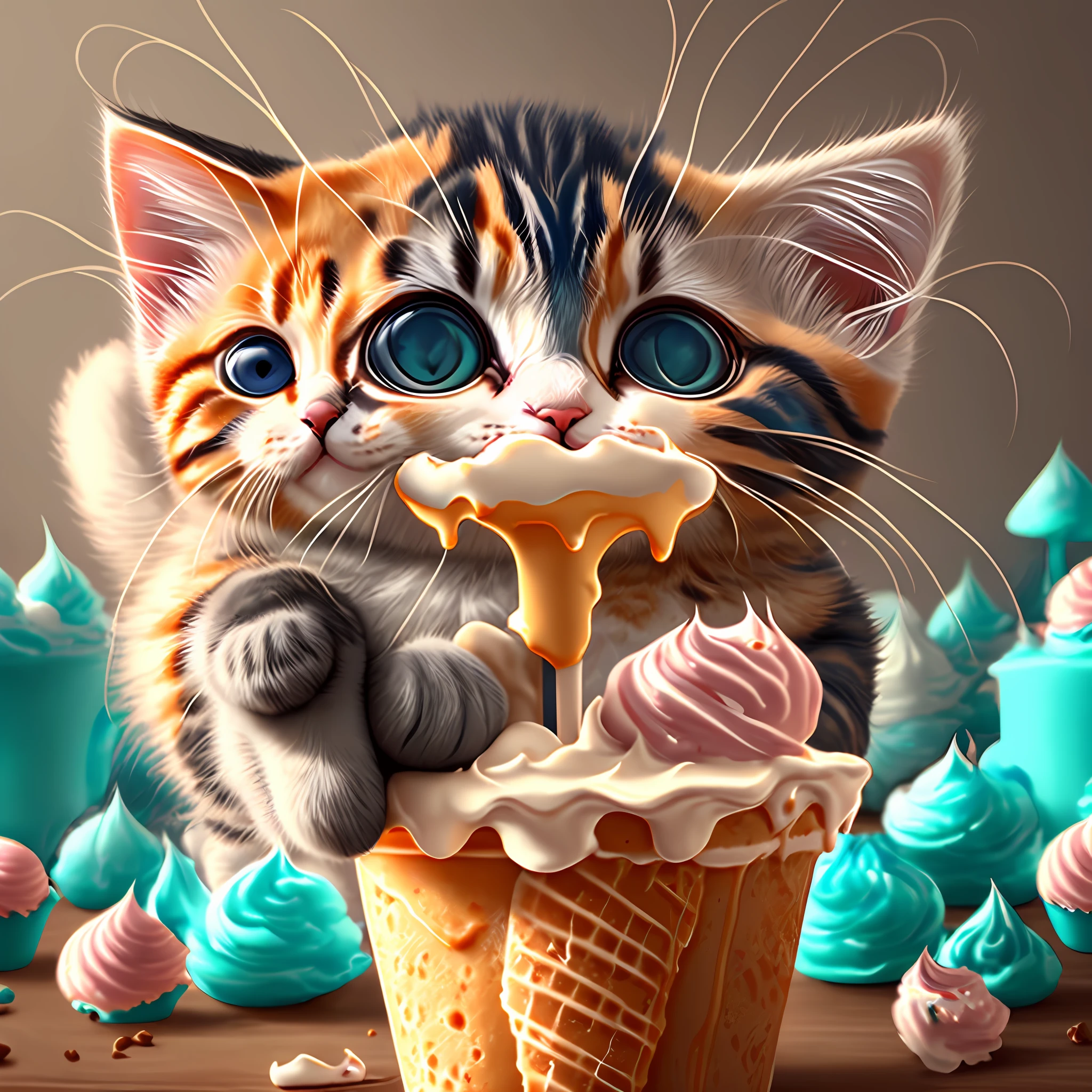An adorable kitten enjoying a delicious ice cream. --auto