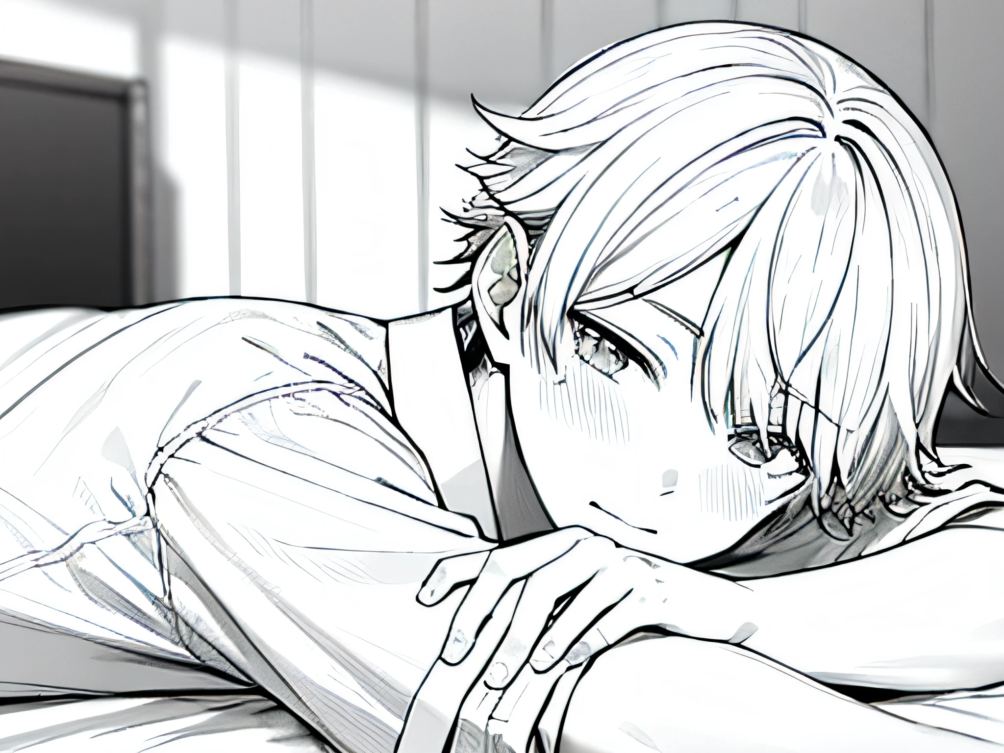 Masterpiece, best quality, high quality, 1 boy, white hair, lying on bed, shy, blushing, white shirt, solo, male focus, looking at the audience, upper body, ogata_shuu, line drawing, monochrome