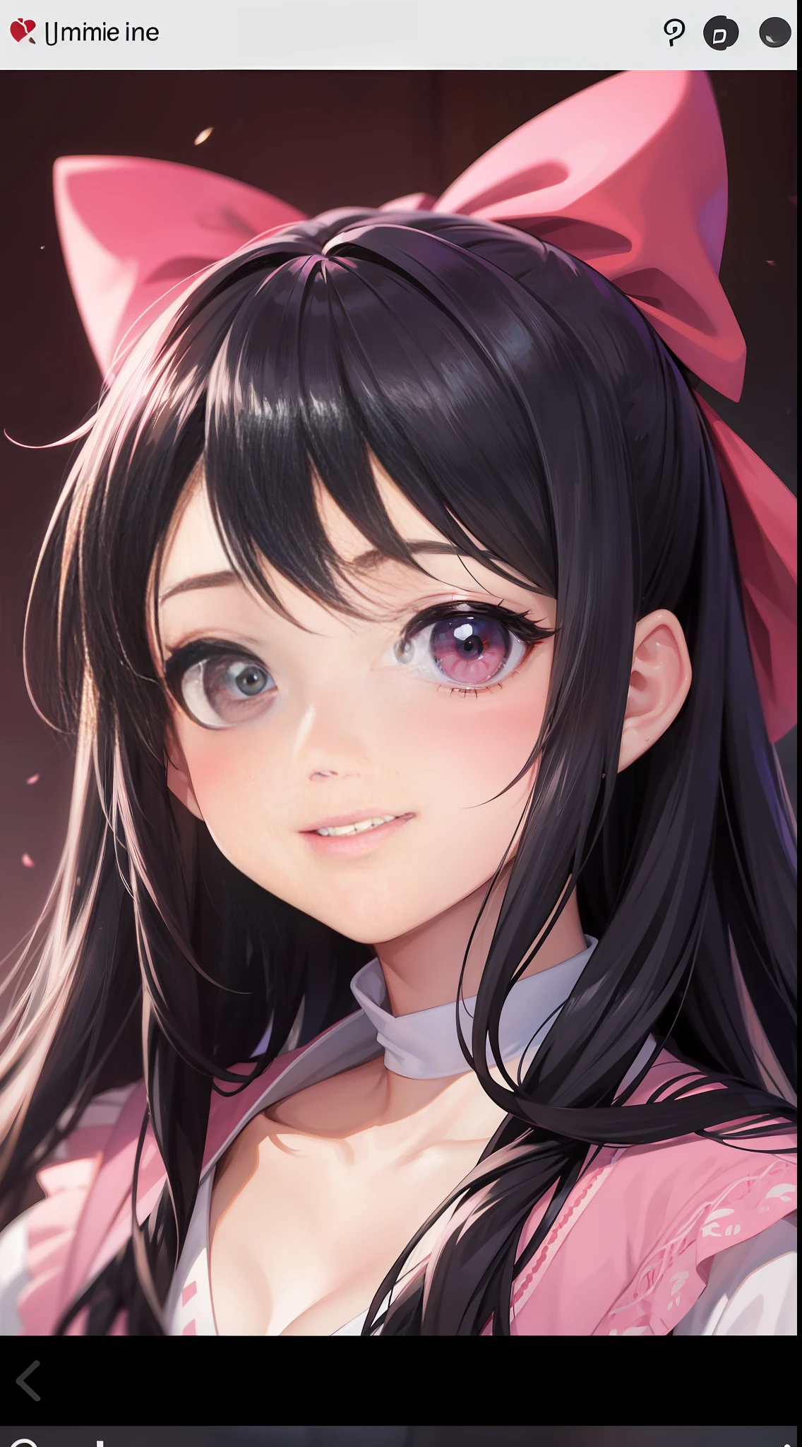 [1970s] anime, a girl [with black straight hair ]and [pink Big bow], in the style of [Janpan manga style], [big eyes, smiling face, , High Cold Beauty], animated gifs,intense [close-up], light [red and black], depictions of aristocracy, iconic pop culture references, uhd image. --ar 1:1 --niji 5