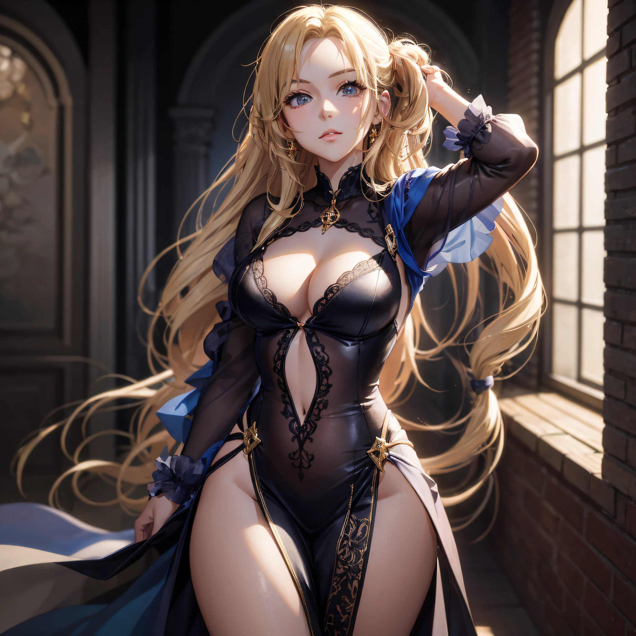 blond haired woman in a black dress posing in a room, extremely detailed artgerm, blonde anime girl with long hair, 2. 5 d cgi anime fantasy artwork, 8k high quality detailed art, beautiful alluring anime woman, fanart best artstation, wlop and sakimichan, seductive anime girl, artgerm. anime illustration