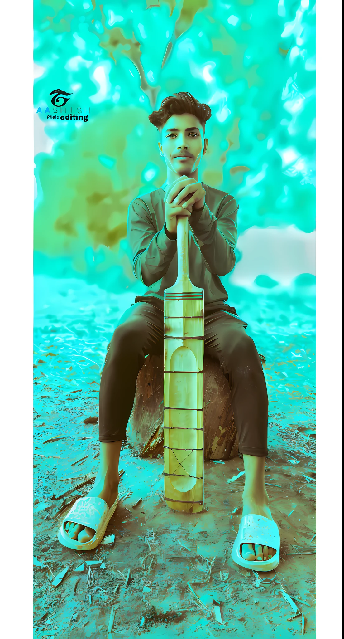 there is a man sitting on a rock holding a bat, album art, full body potrait holding bottle, psychedelic colorization, musician, inspired by Billy Childish, inspired by Gustave Boulanger, potrait, inspired by Bohumil Kubista, alternate album cover, made with photoshop, with axe, new album cover, album, with leviathan axe
