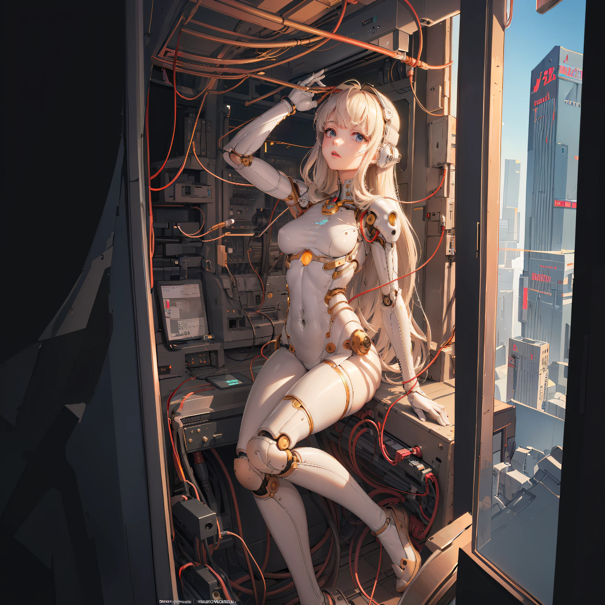 anime - style woman in a white bodysuit sitting on a table, perfect android girl, cute cyborg girl, beutiful white girl cyborg, anime robotic mixed with organic, biomechanical oppai, perfect anime cyborg woman, cyborg girl, cyberpunk anime girl mech, digital cyberpunk anime art, beutiful girl cyborg, detailed digital anime art, advanced digital anime art