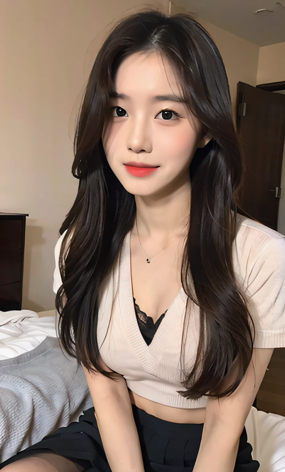 ((Top quality, 8k, Masterpiece: 1.3)), beauty, hidden face, 1 girl, beauty: 1.3, slender abs: 1.1,
Japanese high school student uniform, over-the-knee socks, long black hair, (kneeling on bed), ultra-detailed face, highly detailed lips,
Detailed eyes, double eyelids, strict head and body proportions, D-cups