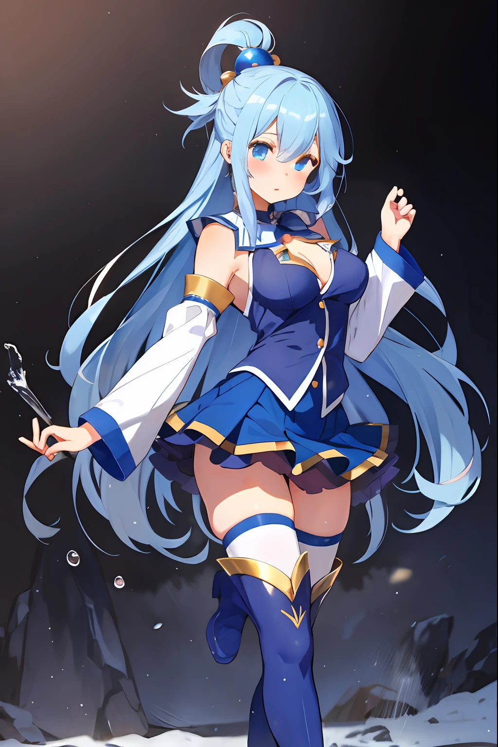 Aqua, Goddess, high quality, 1 girl, Blue eyes, Blue footwear, Blue hair, Blue thighs, Blush, Boots, Chest, Foam, Separated sleeves, Hair ornament, Hair ring, Long hair, Medium breasted, Single hair ring, Skirt, ass, Solo, Standing, Thigh boots, Very long hair, White thighs, Simple background, high quality, high resolution.