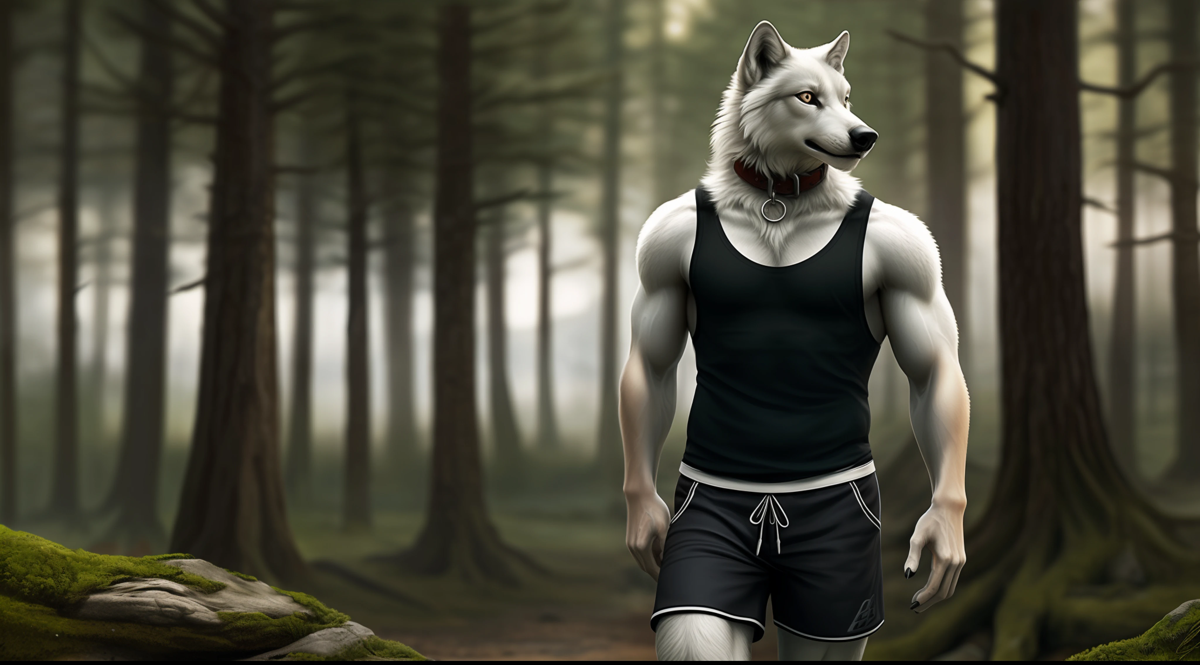 anthro, white wolf, realistic fur, adult, male, (solo:1.3), standing, muscular, collar, shorts, tank top, detailed background, wilderness background, realistic, photorealistic, ultra realistic, 8k,