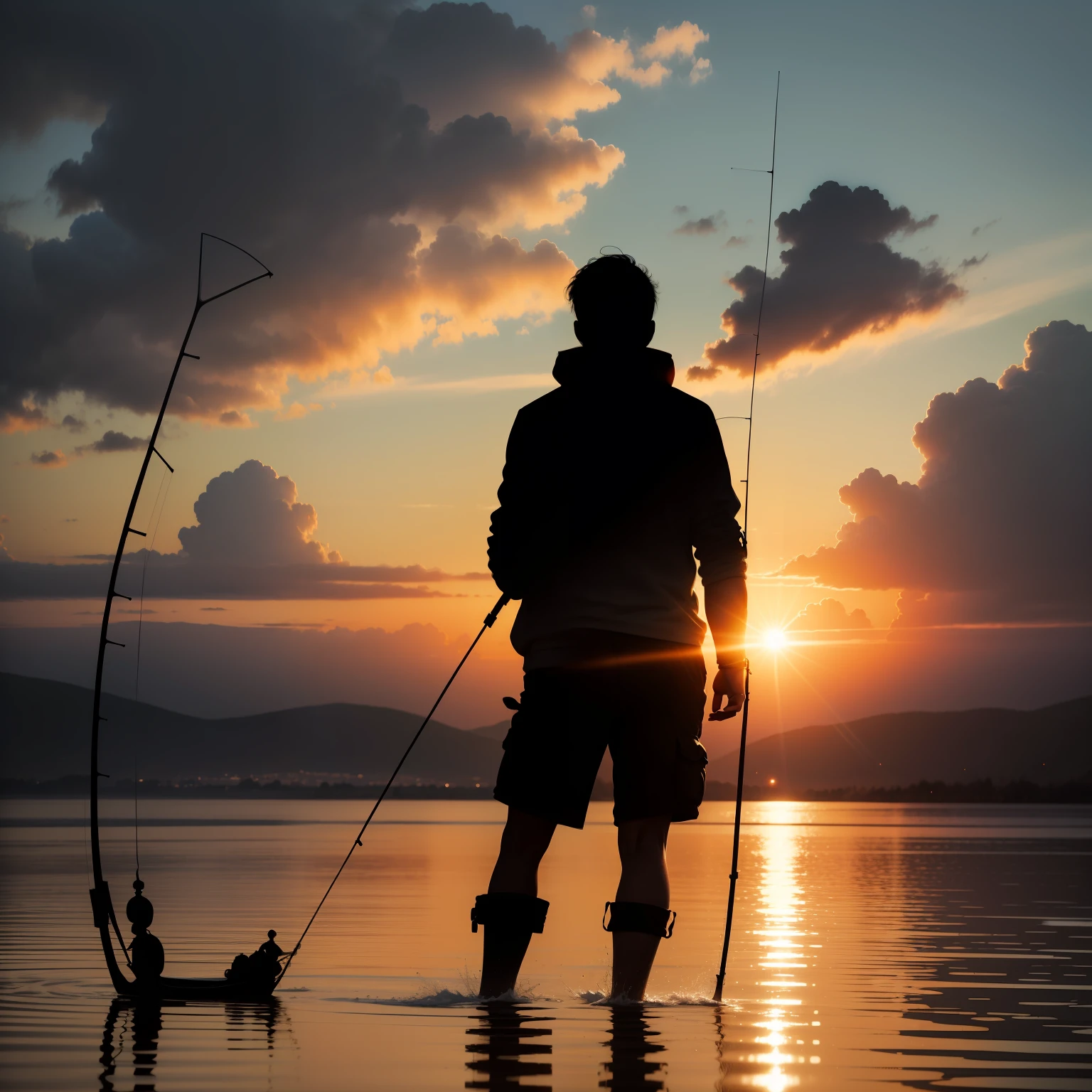 Angler facing the sun, figure silhouette,