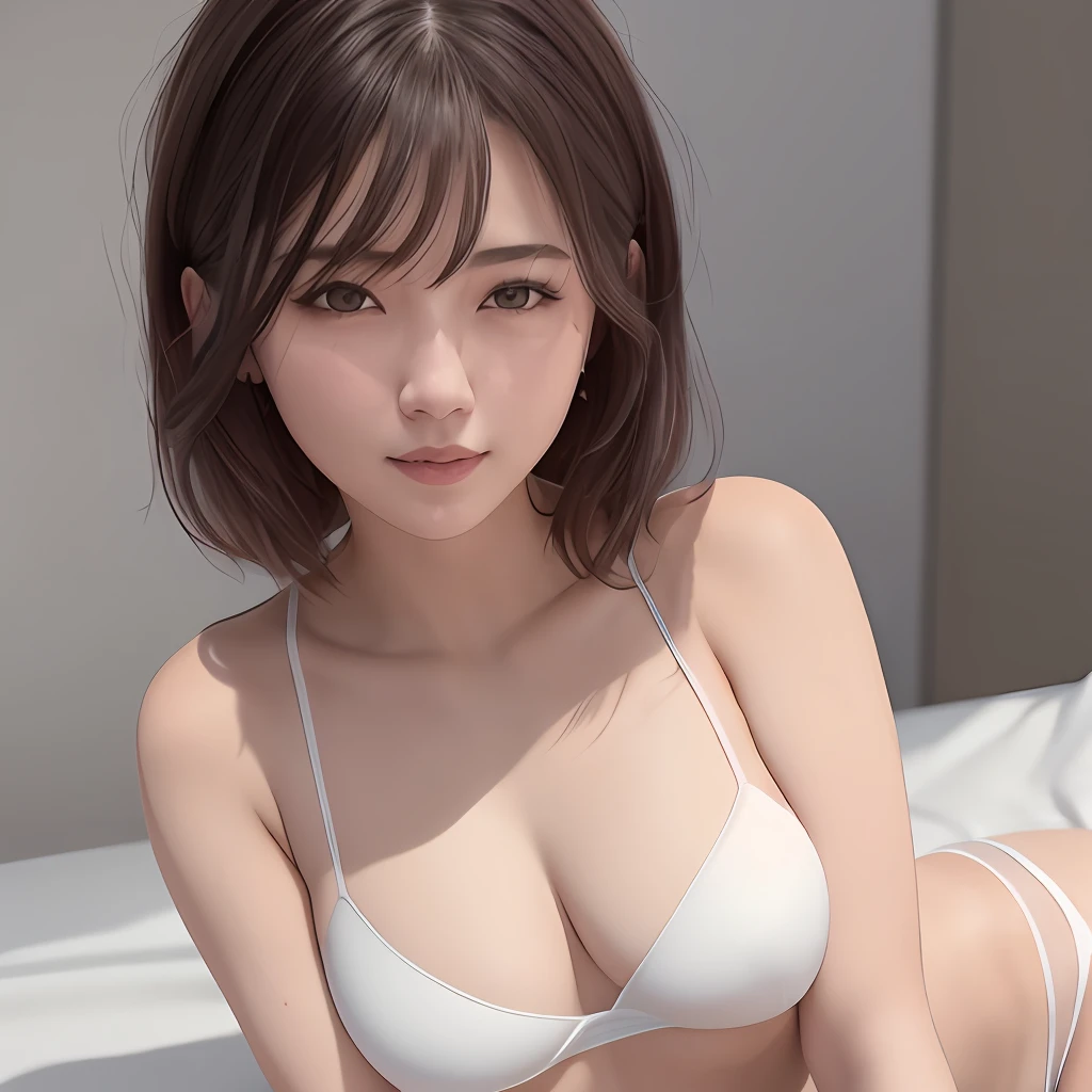 (8k, RAW photo, best quality, masterpiece:1.2), yjnn, 1girl, 3d, asian, bangs, bare_shoulders, bow, bra, chest, brown_eyes, brown_hair, cleavage, grey_background, lips, long_hair, long_sleeves, looking_at_viewer, medium_breasts, navel, nose, off_shoulder, open_clothes, open_shirt, panties, realistic, shirt, solo, stomach, underwear, undressing, upper_body, white_bra, white_panties, white_shirt,Shiny skin, beautiful delicate face, beautiful delicate eyes ,(realistic, photo realistic:1),Lie down on the bed