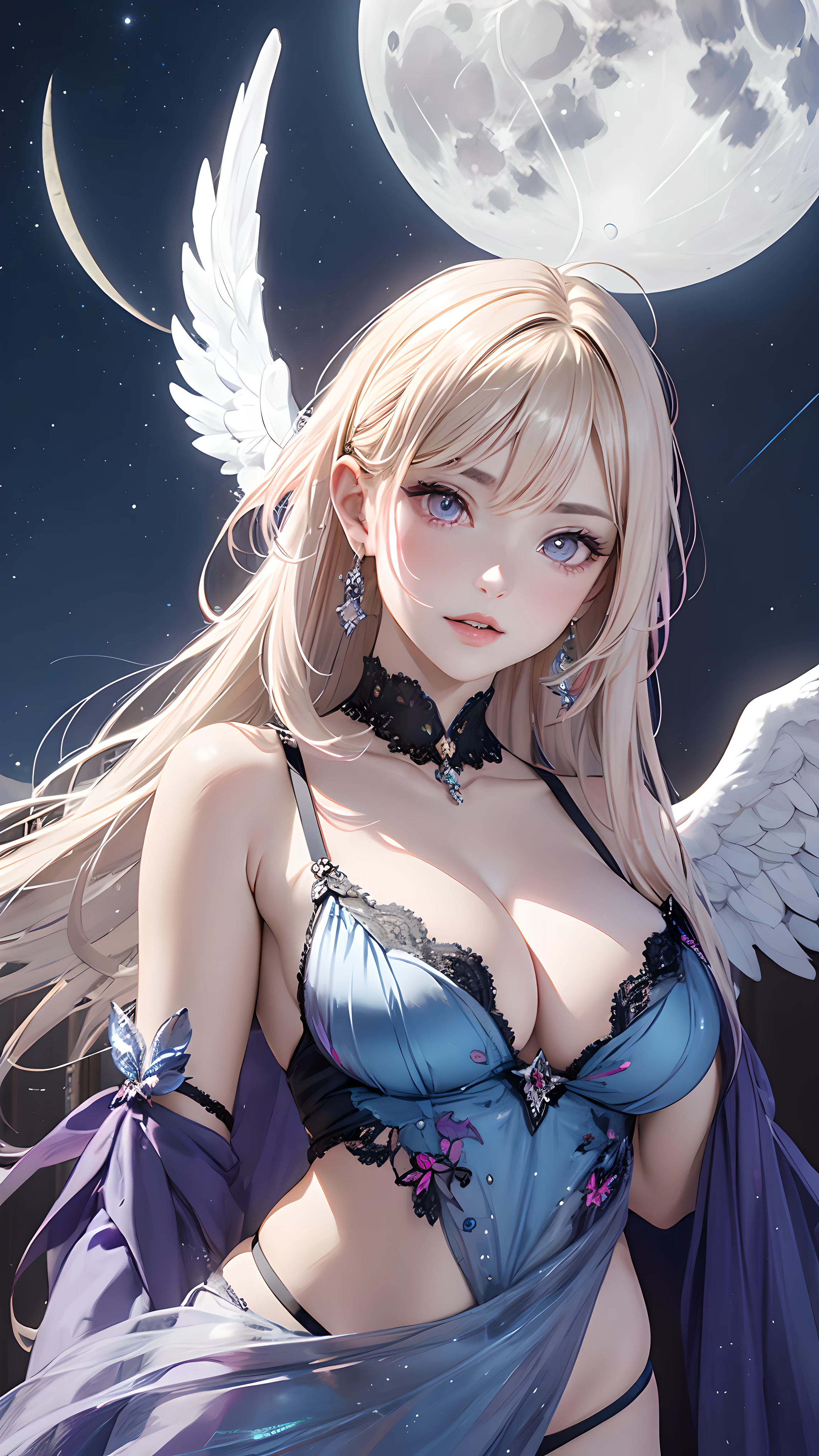 Beautiful angel flying in fantastic night sky with iridescent clouds illuminated by the moon. Flapping wings. Beautiful face with bright colors and glowing purple eyes. She wears elaborate and delicate ornaments. Her large, pure white wings shine faintly in the moonlight. A palace floating in the sky peeking out from among the clouds. Detail drawing. Bright colors. High image quality