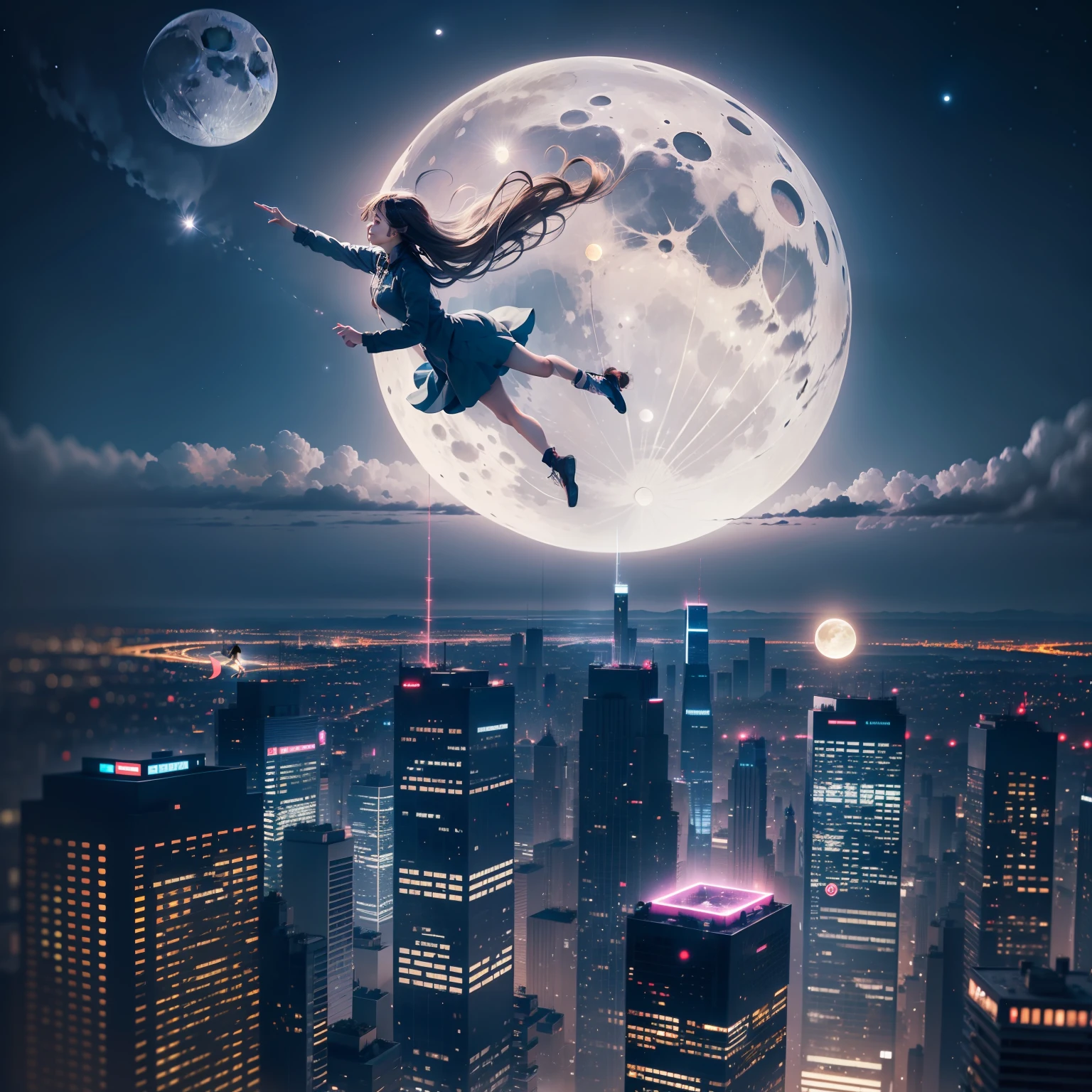 Masterpiece, of the best quality, a girl flying in the air, moon, night, overlooking the city, lights, vistas