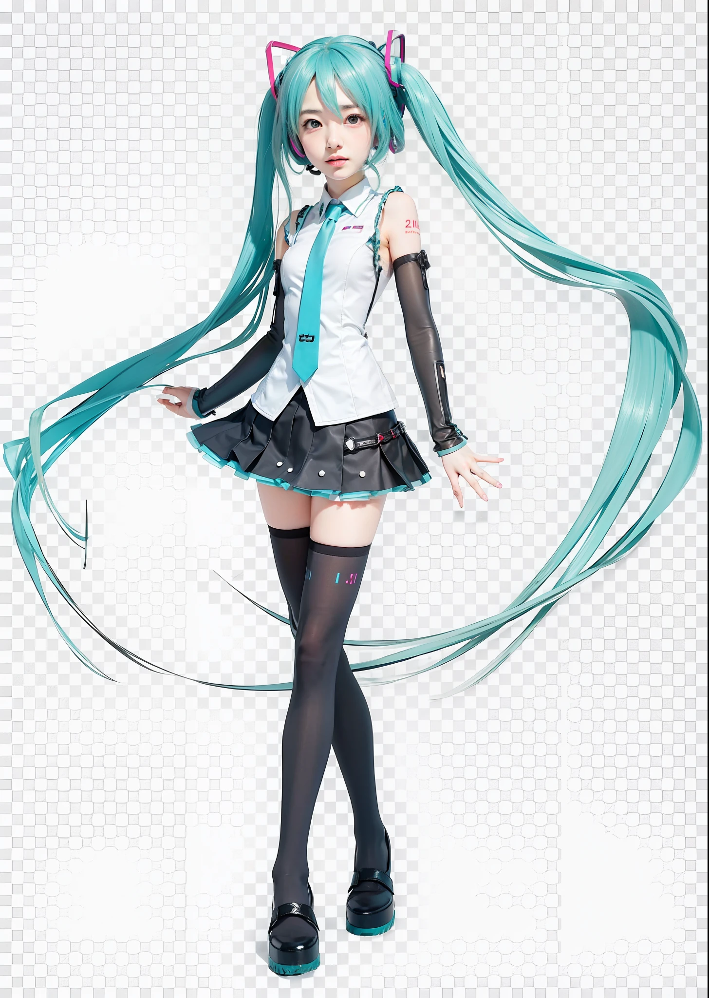 Hatsune Miku, white background, real person, Cosplay, standing, front
