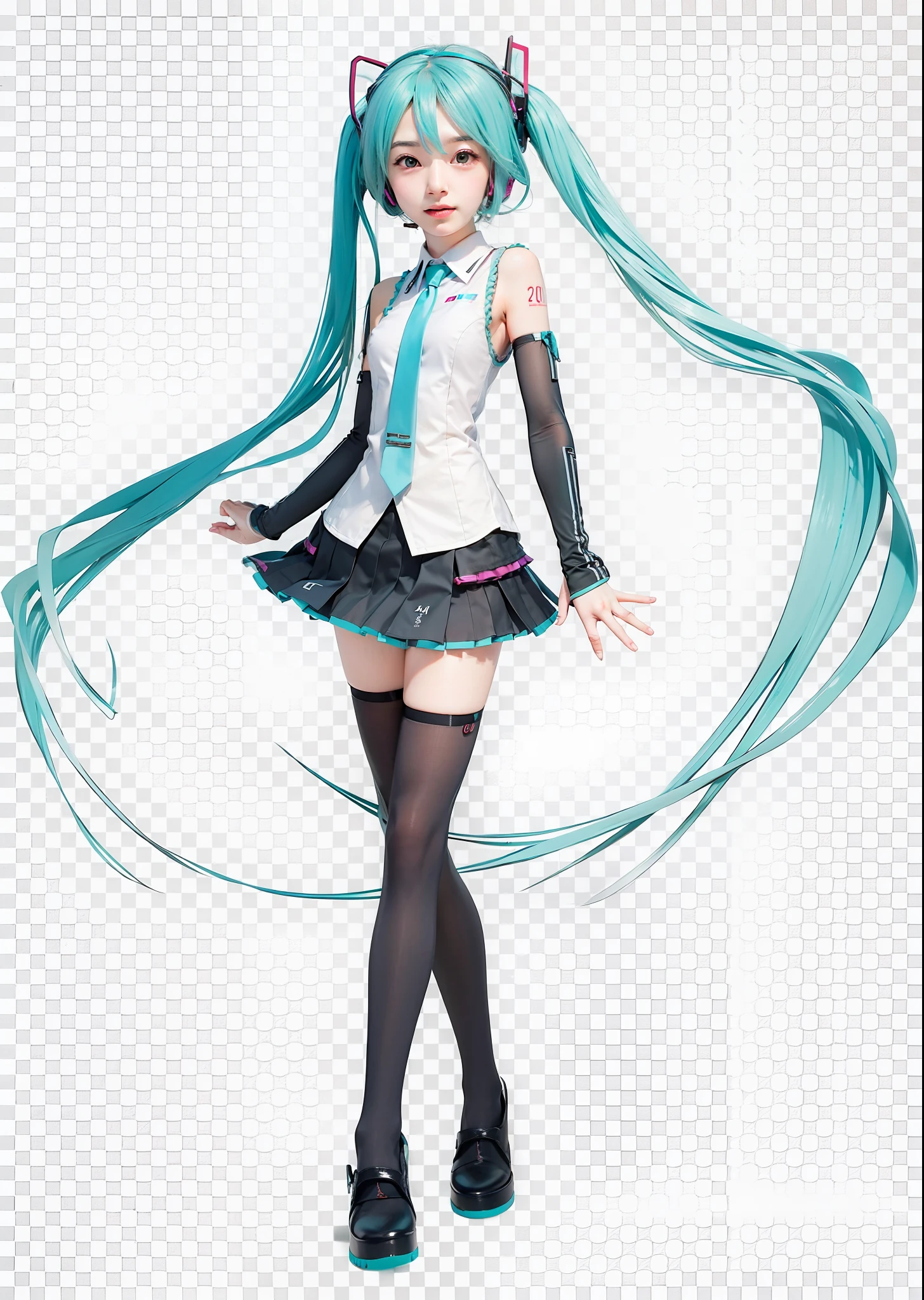 Hatsune Miku, white background, real person, Cosplay, standing, front