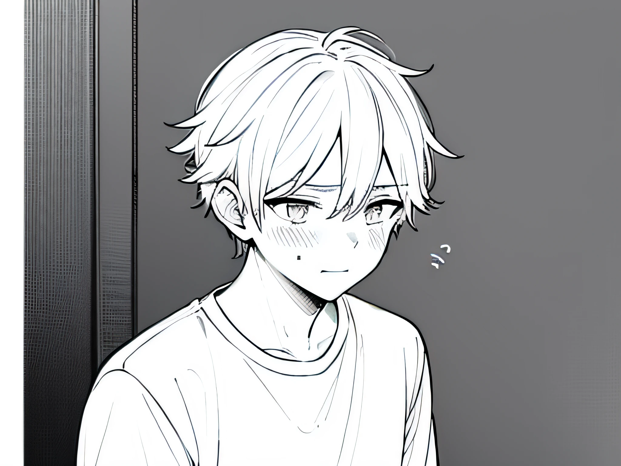 Masterpiece, best quality, high quality, 1 boy, white hair, shy, blushing, white shirt, solo, male focus, looking at the audience, upper body, ogata_shuu, line drawing, monochrome