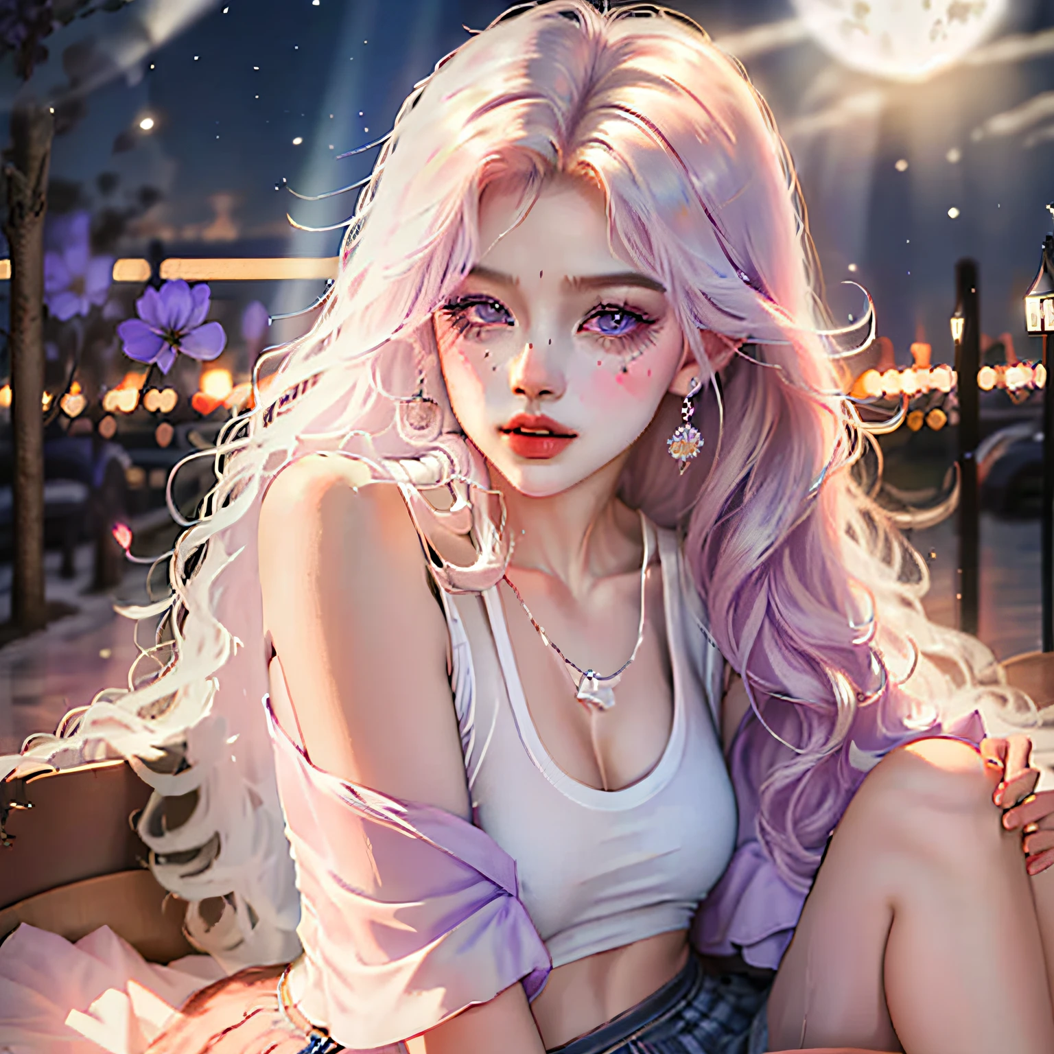 realistic, 1girl, white hair, purple eyes, glowing eyes, crop top, skirt, parted lips, blush, night, flowers, sun, sunlight,