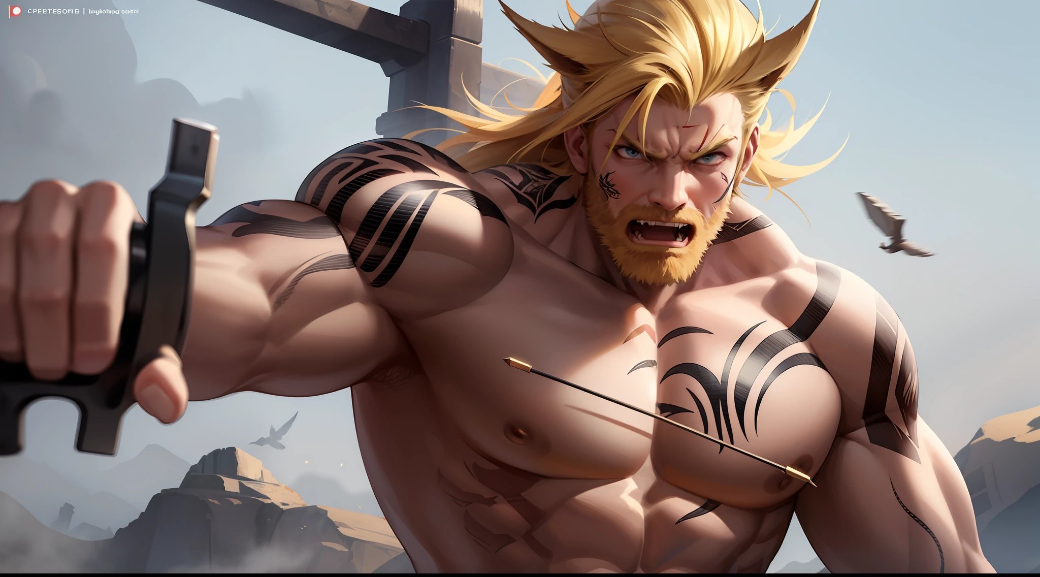 A man, blonde, catapult, wild, male barbarian, fierce face, sharp muscles, tattoos on his face, holding a weapon, roaring, upper body