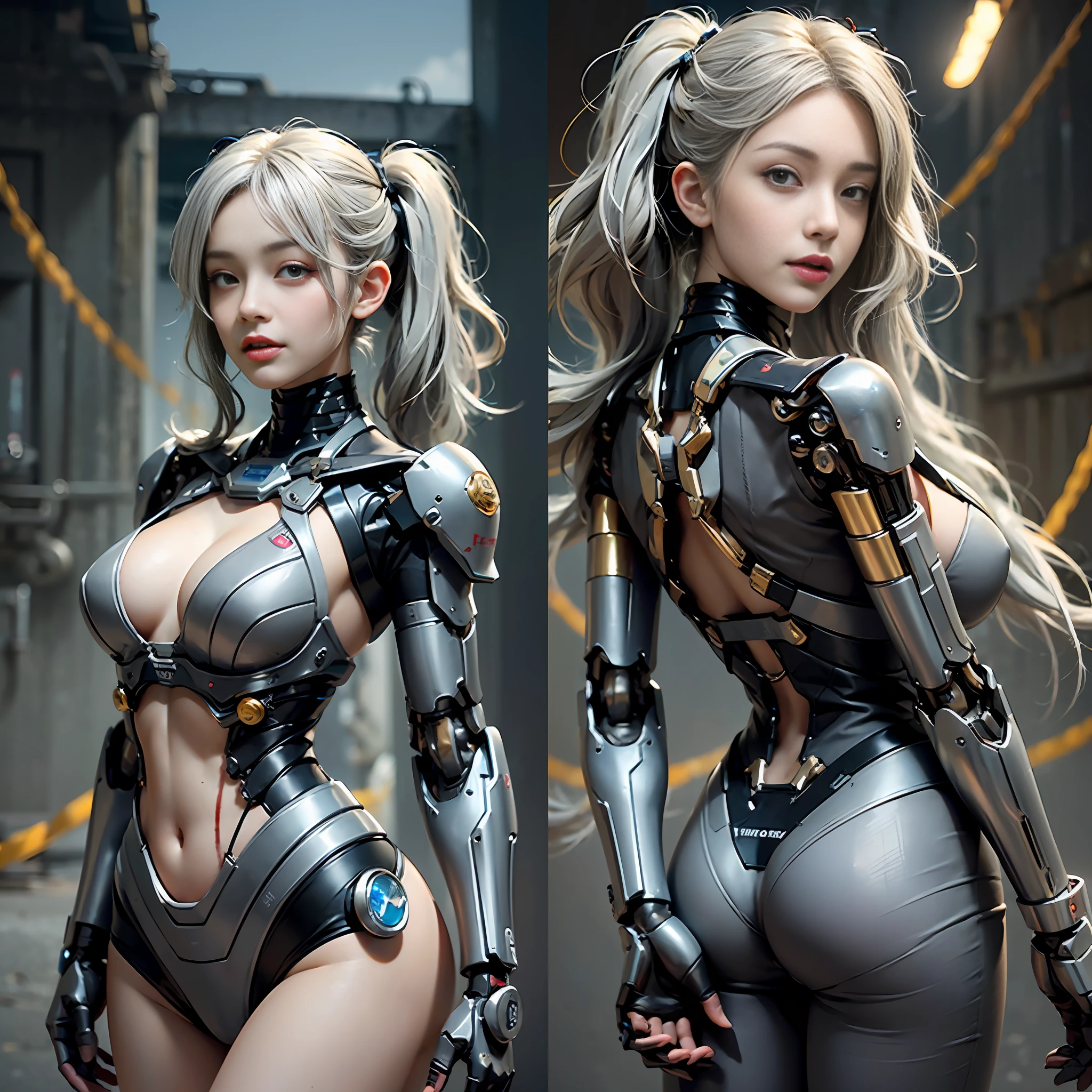 Beautiful Face,face is Japan, 1 Woman, Big, Curvaceous, (16k, RAW photo, top quality, masterpiece: 1.2), (HDR, Realistic, Photorealistic: 1.37) (tube attached to the body), (Bikini Cyborg robot parts)))), (light gray hair), Long hair, Wavy hair, Twin tails, Medium shot, ( Seductive smile)), (black eyes), double eyelids, princess cut, from below, (whole body),posing,,in the lab,( tube connected to blood vessel),((mechanical vertebrae attached to the back)),((mechanical neck attached to the neck)),(wire and cable attached to head and body),(character focus),science fiction,perfect female figure,perfect anatomy, hyperanatomy, full body shot, relationship between up to 4 fingers and 1 thumb, spherical joint,