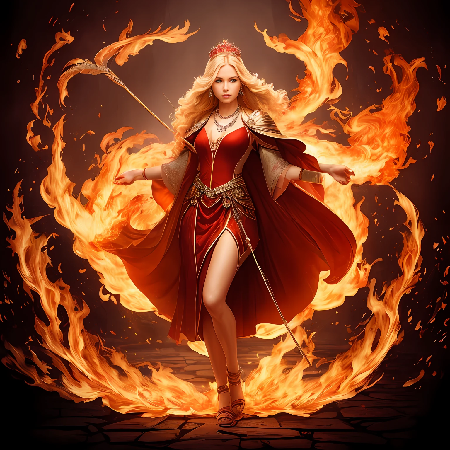 Ultra-high definition, red flame environment, by Alfons Mucha, 8k, the main body is a beautiful woman with red skin, shooting arrows in a bow, beautiful and precise facial features, solid circle eyes, bunched hair blonde crown, (red skin 1.4), textured skin, necklace jewelry, hanging a lot of jewelry on the body, precise hands, one foot raised, the other foot standing on the red lotus, the background is red flames, (red fire everywhere), perfect details, Natural lighting, perspective beauty is full body portrait, photographic lens effect. --auto