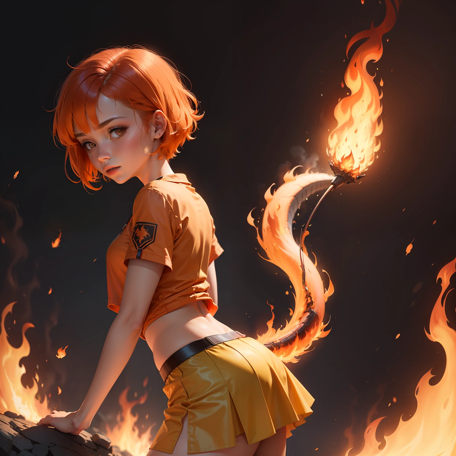 Girl with orange hair, cute, beautiful, short-cut hair, red and orange clothes, skirt, only the tip of the tail is burning, flame at the tip, like a charmander, burned background, outside