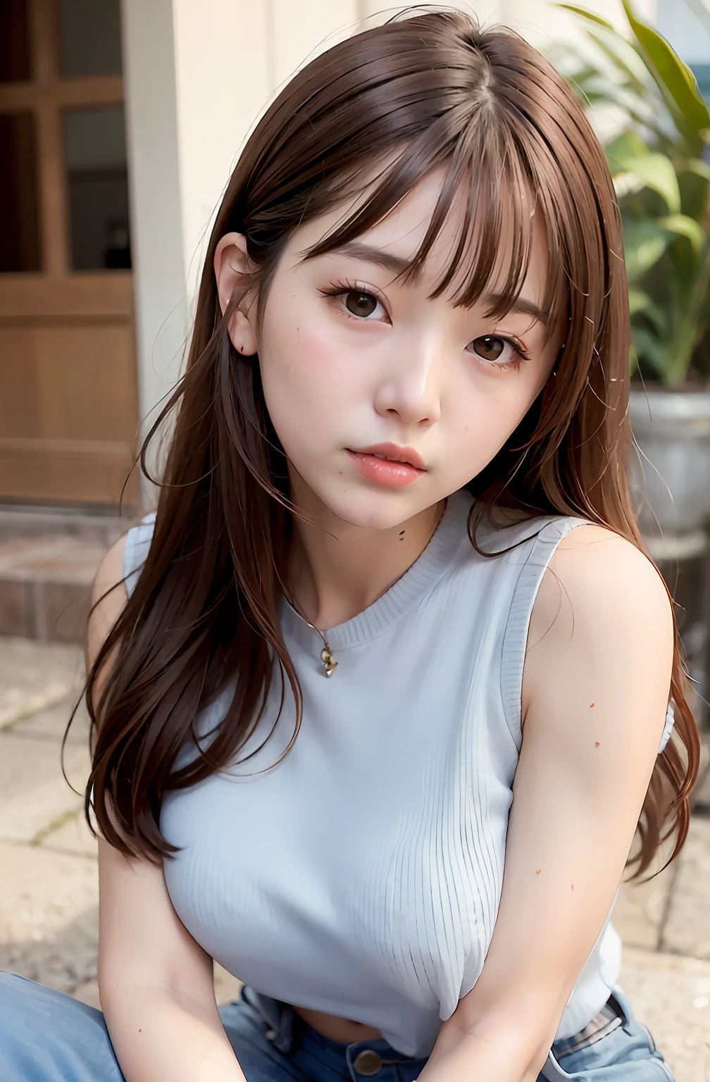Close up portrait of woman in white top and jeans, korean girl, gorgeous young korean woman, beautiful korean woman, ulzan, beautiful young korean woman, beautiful asian girl, girl cute-fine face, long hair with bangs, young adorable korean face, asian girl with long hair, long brown long hair with bangs, long hair with bangs, full body detailed closeup, right interview, best defrosting, no need for background image
