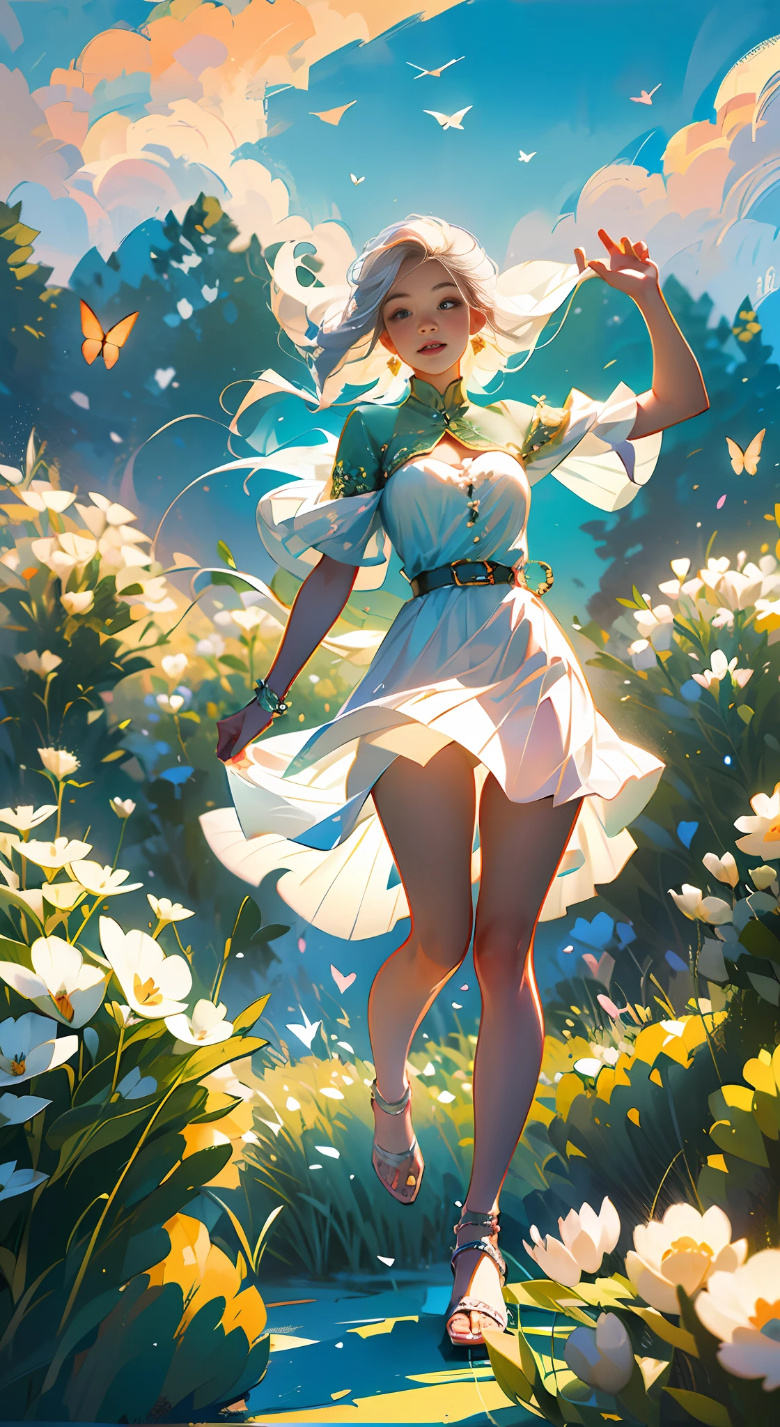 Illustration of an 18 year old white-haired girl, "happy" in a flower field, blue sky clouds, playing with butterflies, beautiful illustration, beautiful painting, beautiful UHD 4k art, beautiful art, beautiful art illustration, art in guvez style, beautiful painting, Artie Guéland 8k, artgerm and atey ghailan, 10 year old blonde girl, happy in a flower field, playing with butterflies, (butterfly). (Best Quality, Masterpiece), 1 Girl, Pose, Particle, Wind, Flower, Full Body, Garden Background, Looking at Butterfly. --auto