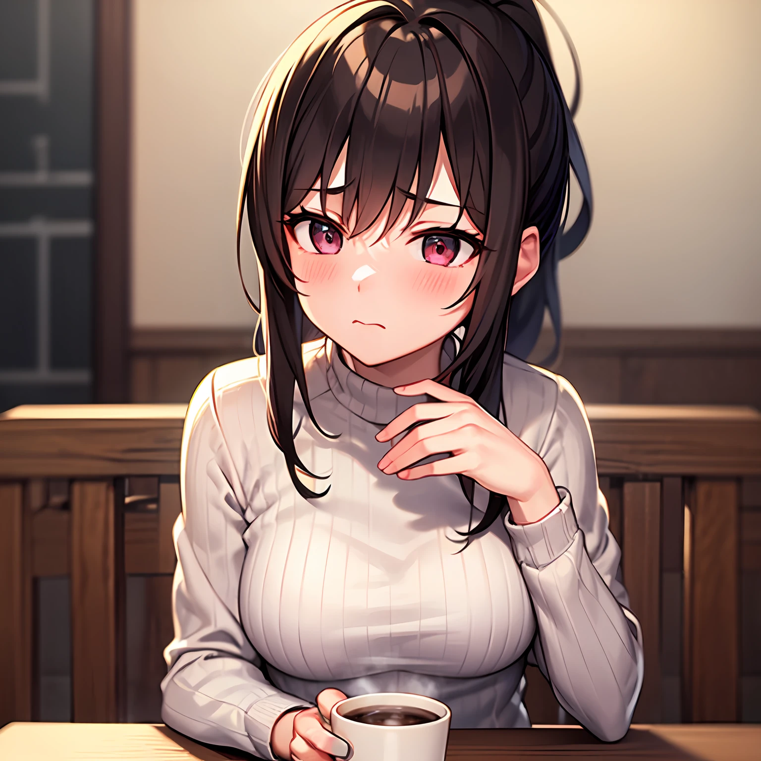 1girl, night, girl's home, white wall,small low table,holding steaming coffee cup in both hands,breast resting on table,cute 20 year old short girl with Japan, big breasts, baby face, brown hair, big ponytail, white turtleneck sweater,pink pleated skirt, looking at camera, sad face,looking down,Blur the background,Only the upper body and head can be seen,POV