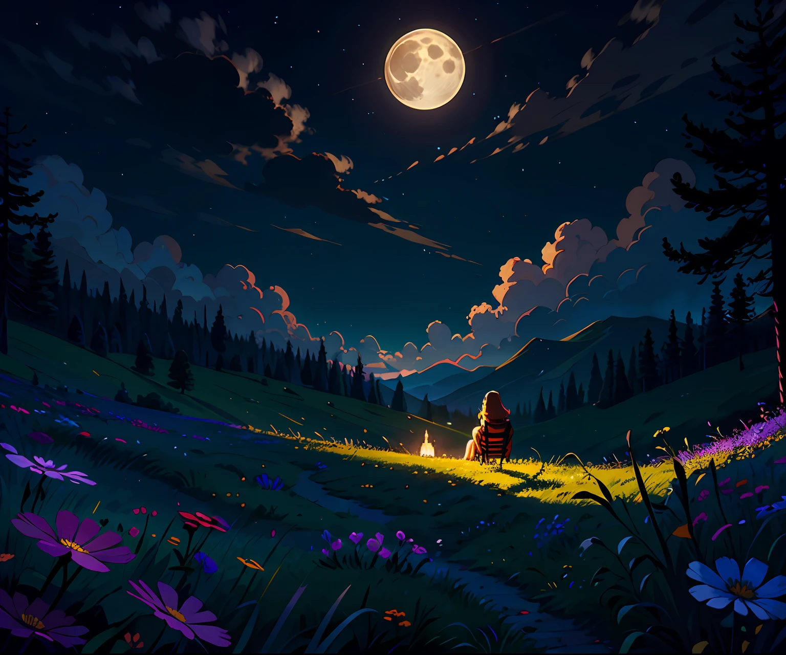 (masterpiece:1.2, best quality), (super detailed), (illustrated), (super high), (exquisite illustration), (super detailed), (ultra detail:1.3), light professional lighting, cinematic lighting, (nostalgic and peaceful: 1.3), professional (landscape painting) nature, moonlight, moonlight on the meadow, 1 person watching the moon, purple flowers on the grass (clouds) black, dark night, big and full moon, dark light)