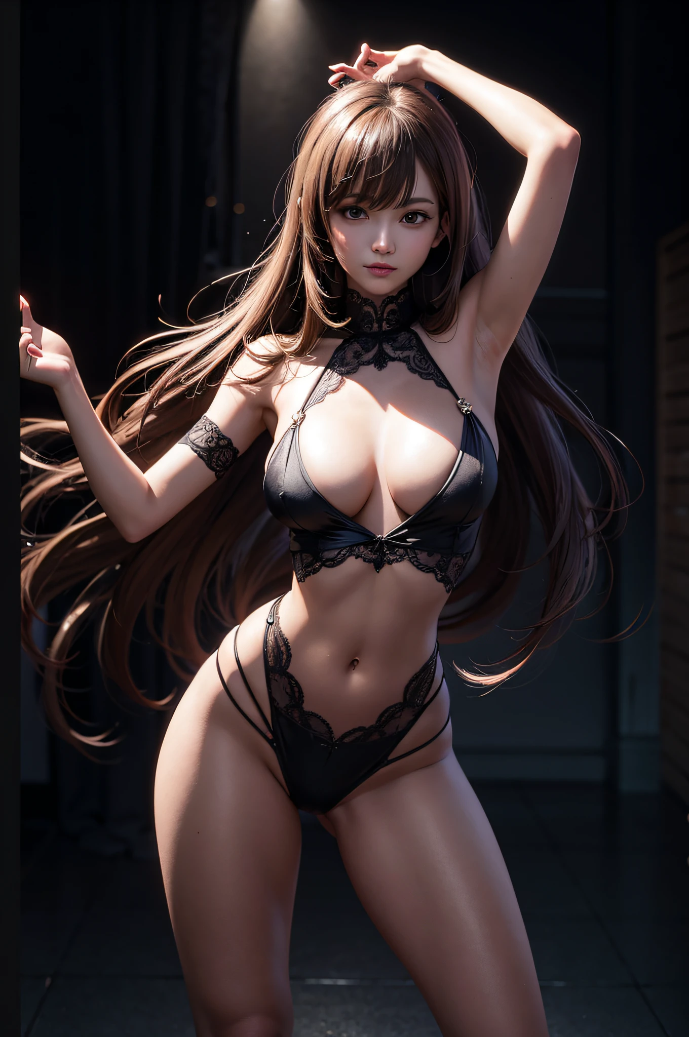 sexy woman in lingerie posing in dark room with long hair, seductive anime girl, beautiful alluring anime woman, smooth anime cg art, realistic shaded perfect body, photorealistic anime girl render, 3d anime girl, wlop glossy skin, sexy pose, 3 d anime realistic, 8k high quality detailed art, anime highly detailed, intricate body