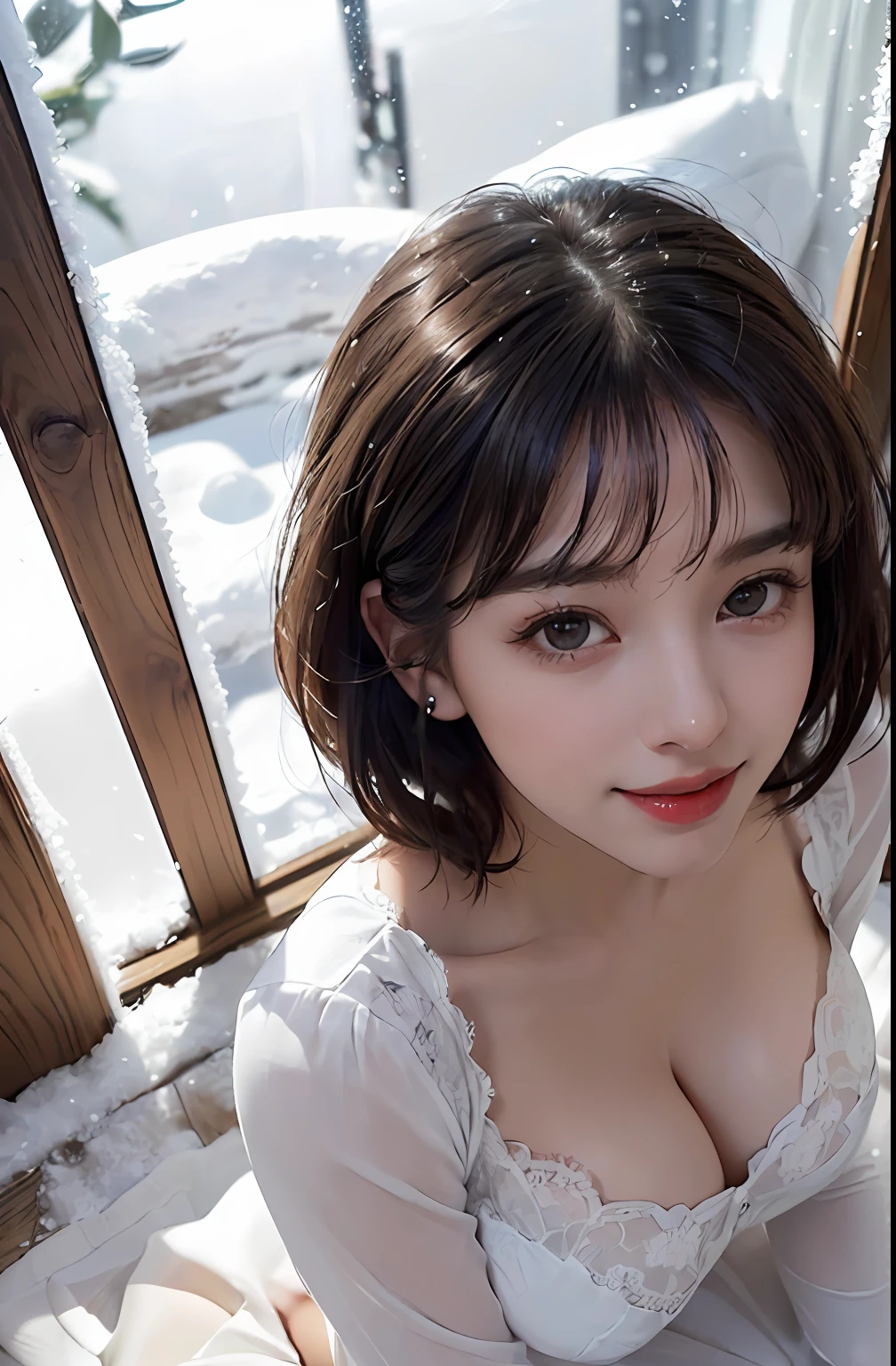 Masterpiece, highest quality, ultra high resolution, (photorealistic photo: 1.4), ((1 girl, white fair skin: 1.4, kneeling, from above, looking up at the viewer, cowboy shot, 24 years old, pretty, cute, black hair, bob_cut, short hair with bangs, big breasts)), (school uniform), (smile, happy, joyful, cheerful, close mouth), (breasts tucked between arms and breasts), high detailed eyes, (( (really snow-white background, empty background))), long neck, (((short hair with bangs)))), eyelashes, big eyes, ((very beautiful, very beautiful)), (((natural light, put out your ears, staring at the viewer, seducing the viewer, huge, highlights in the eyes))))