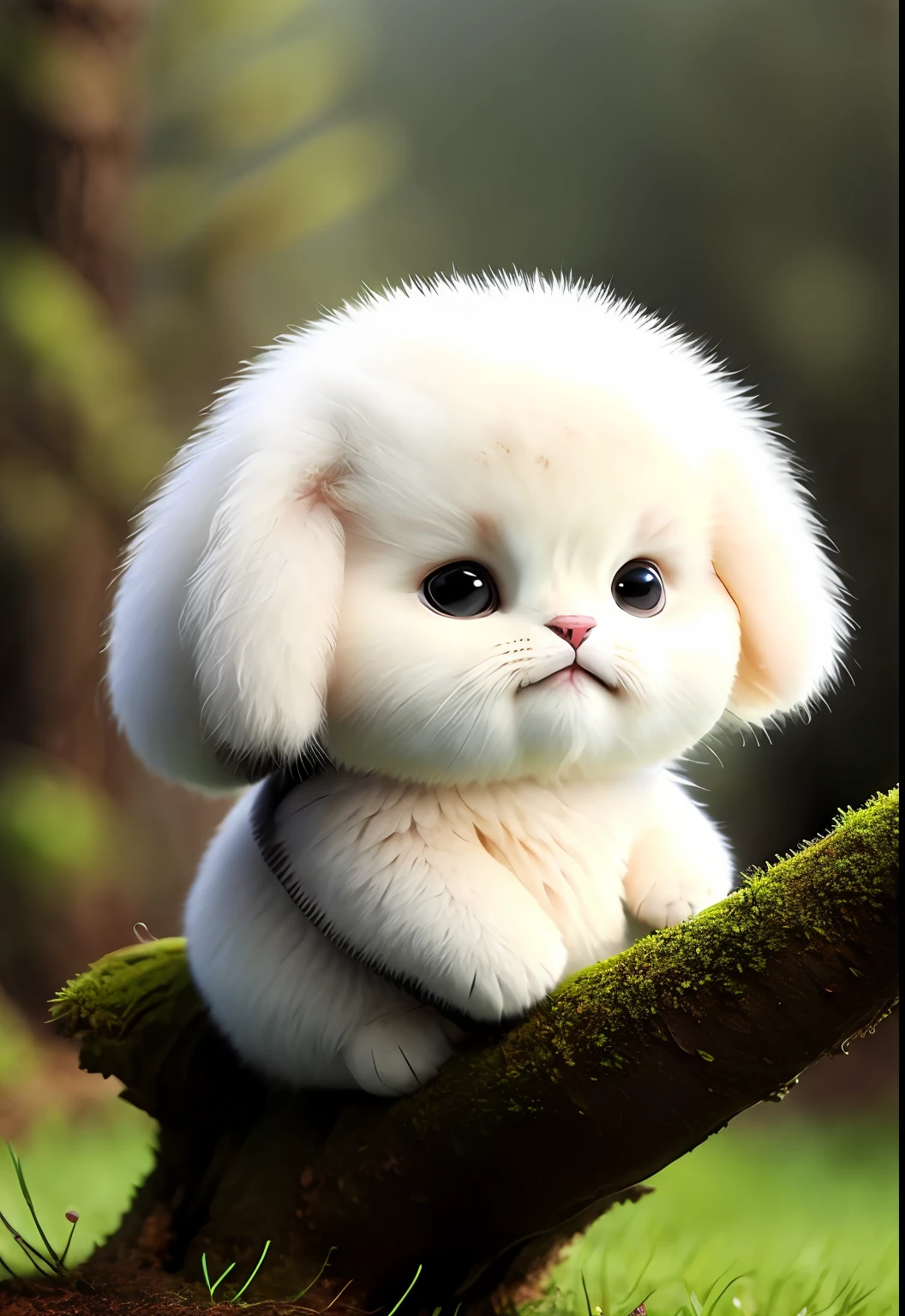 Fluffy cat sitting near the roots of a tree in the middle of the mountain, cute