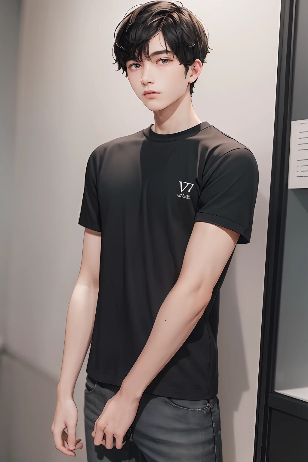 17-year-old boy, pale skin and green eyes with dark circles, tall and thin, with messy black hair