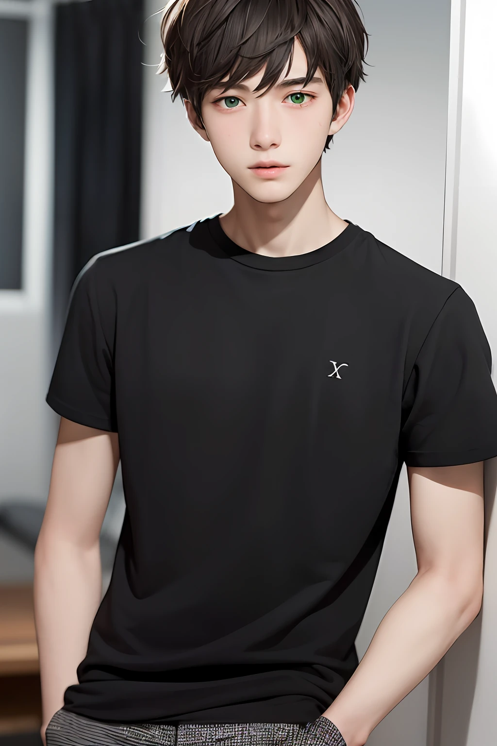 17-year-old boy, pale skin and green eyes with dark circles, tall and thin, with messy black hair