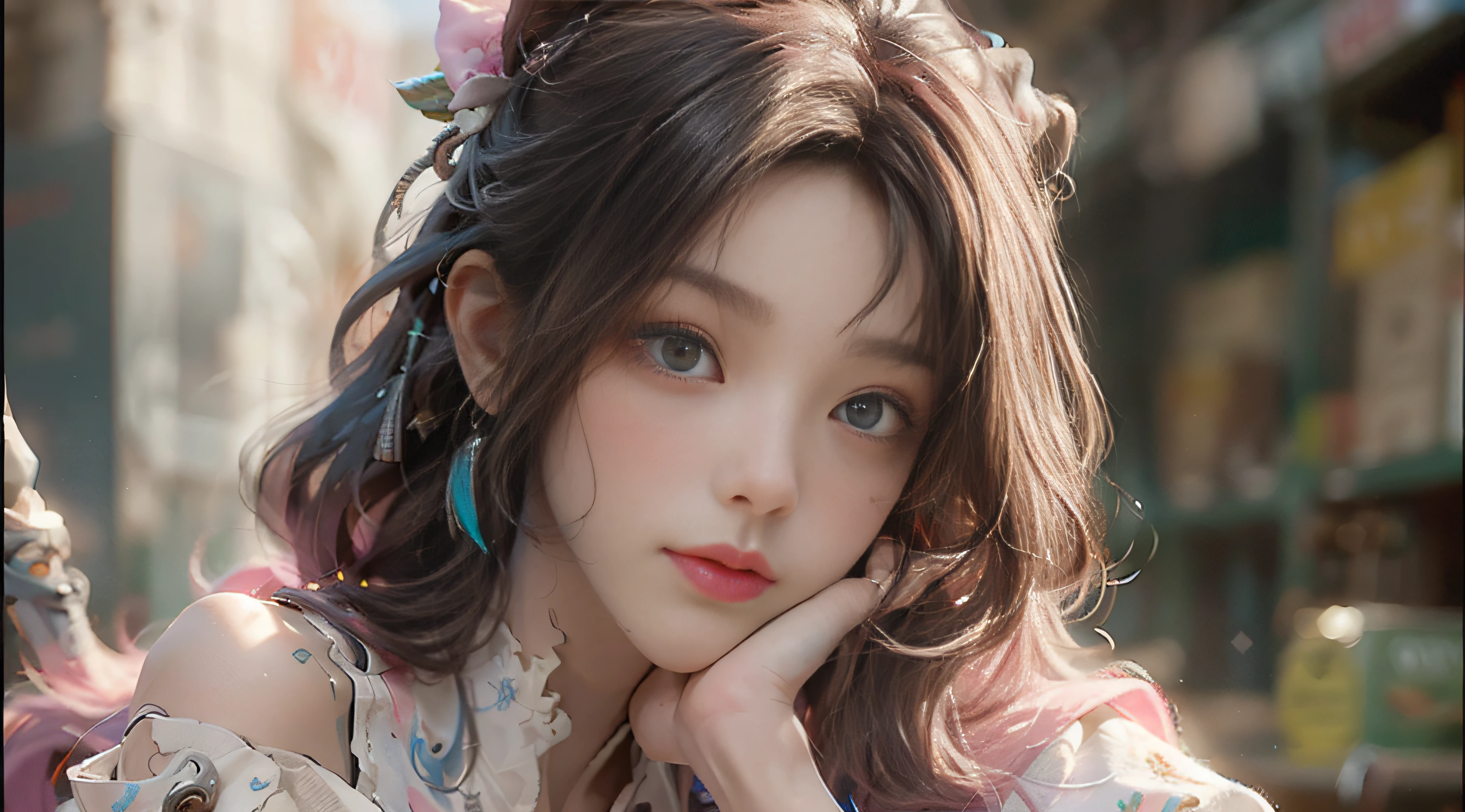 ((Best Quality)), ((Masterpiece)), (Detail: 1.4), 3D, Beautiful Cyberpunk Female Image, HDR (High Dynamic Range), Ray Tracing, NVIDIA RTX, Super Resolution, Unreal 5, Subsurface Scattering, PBR Texture, Post-Processing, Anisotropic Filtering, Depth of Field, Maximum Sharpness and Sharpness, Multi-layer Texture, Albedo and Highlight Mapping, Surface Coloring, Mitsu-Accurate Simulation of Material Interactions, Perfect Proportions, Octane Rendering, Two-color Light, Large Aperture, Low ISO, white balance, regular three-point, 8K RAW, beautiful bright pupils, off-the-shoulder clothes, fine pupils, delicate face and eyes, long eyelashes, blush, delicate and fluffy hair, pink lips, pure, cute, sweet girl, artistic sense, casual wear, high-end sense