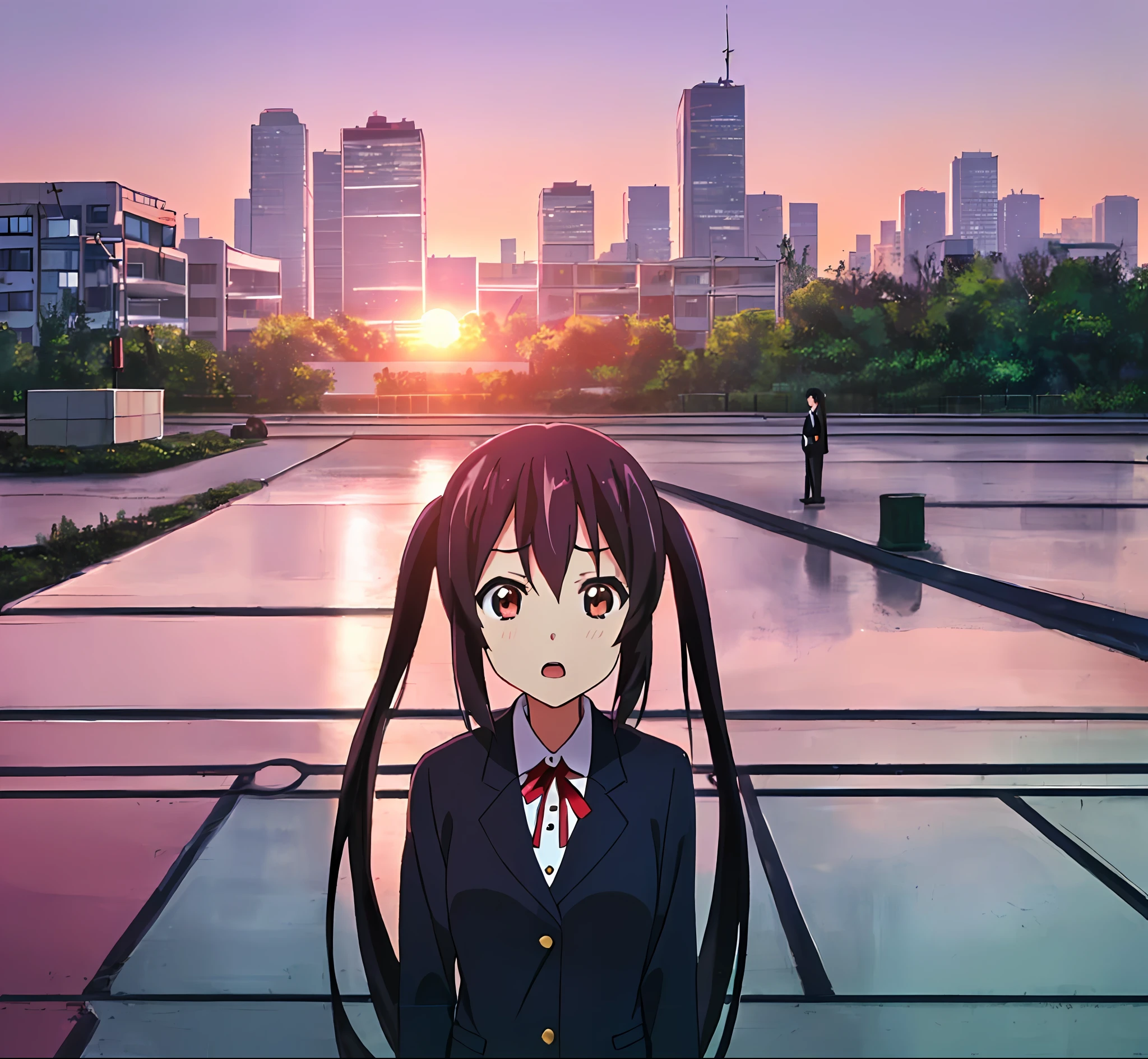 1girl, ((((Masterpiece))), Best Quality, Best Quality, High Detail, Azusa Nakano, 1girl, Sakuragaoka High School Uniform, Musical Instrument, School Uniform, Twin Tails, Long Hair, Black Hair, Brown Eyes, Solo, Red, Dark blue blazer with a thin ribbon of red, Solid white button shirt under blazer, Illustration, Cartoon, Soothing tones, Muted colors, Soft cinematic light, Adobe Lightroom, Photo Lab, HDR, complex and highly detailed, (((depth of field))))). (((Masterpiece))). (((highest quality))).) ((super detail))). (((Illustration))). (((Outside))). (((fighting stance))).,((((Giantization))).dynamic focus.small breasts. (((skyscrapers))). (((Cityscape))). (((Despair Face))). open mouth. (((Sunset))). (((Sunset))).