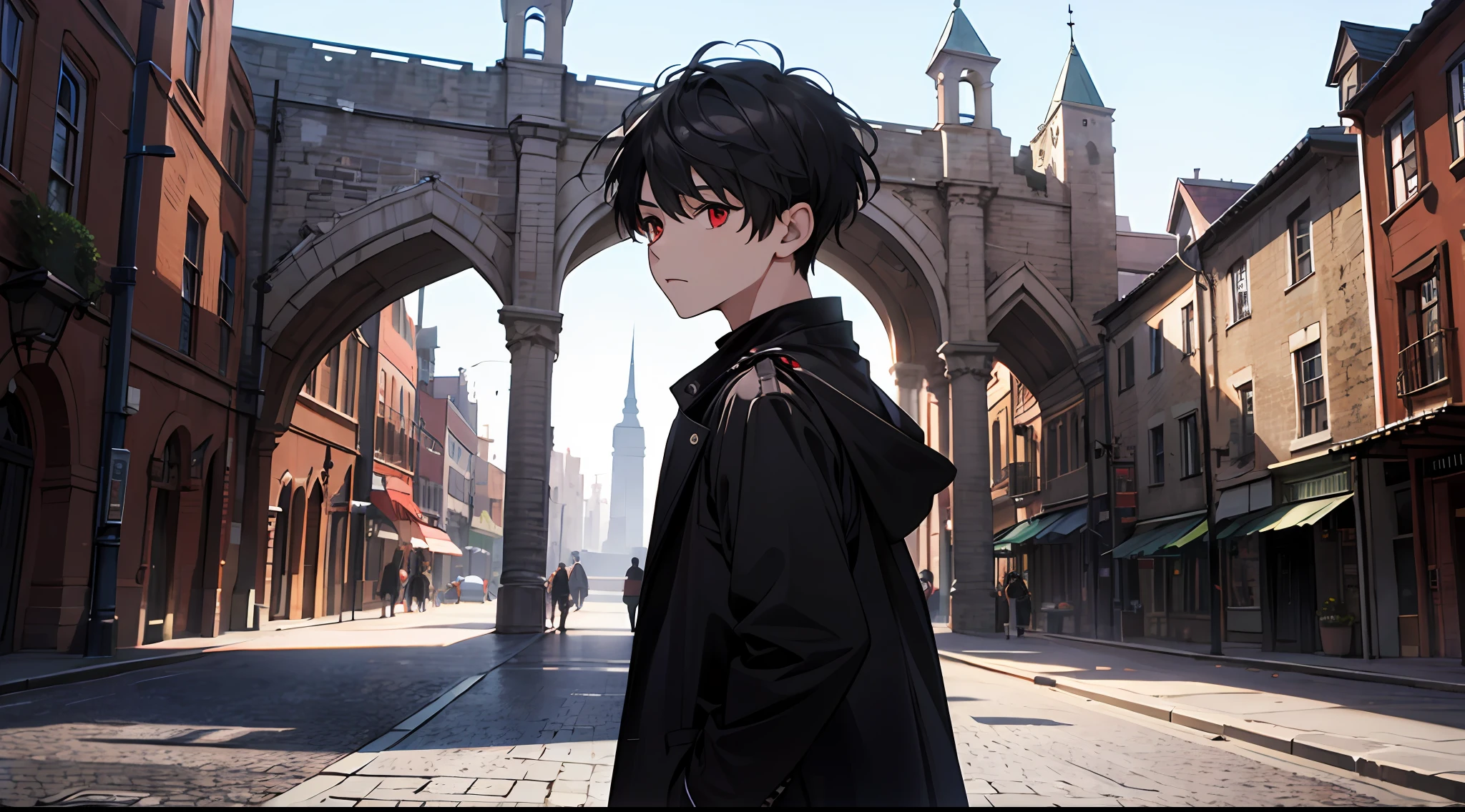 (Ridiculous, High Resolution), 16k, (Panorama), Little Boy, Junior, Red Eyes, Short Hair, Black Hair, Black Coat, White , Extreme Detail, Background Western-style Town and Castle,
