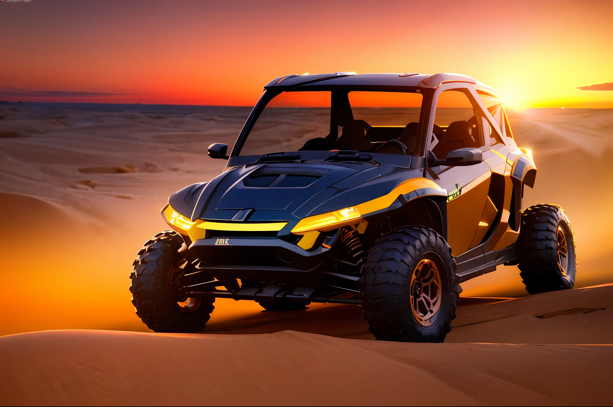 gopro shot Ultra-realistic digital photo of UTV Maverick X3 RS orange and white, ray tracing, cinematic lighting, depth of field, 135mm, Canon, award-winning, masterpiece, 8k, super detail in the desert empty outdoors, sunset in the dunes, tropical, beach, strong rim lighting, soft contrast, 8k uhd, dlsr, Oled, dark lighting, high quality, film grain, highly detailed, excellent composition, cinematic concept art, dramatic lighting, trend in artstation by Kaiwan Shaban, James O'Brien, Vadim Ignatiev, (high detailed skin: 1.2), 8k uhd, dslr, soft lighting, high quality, film grain