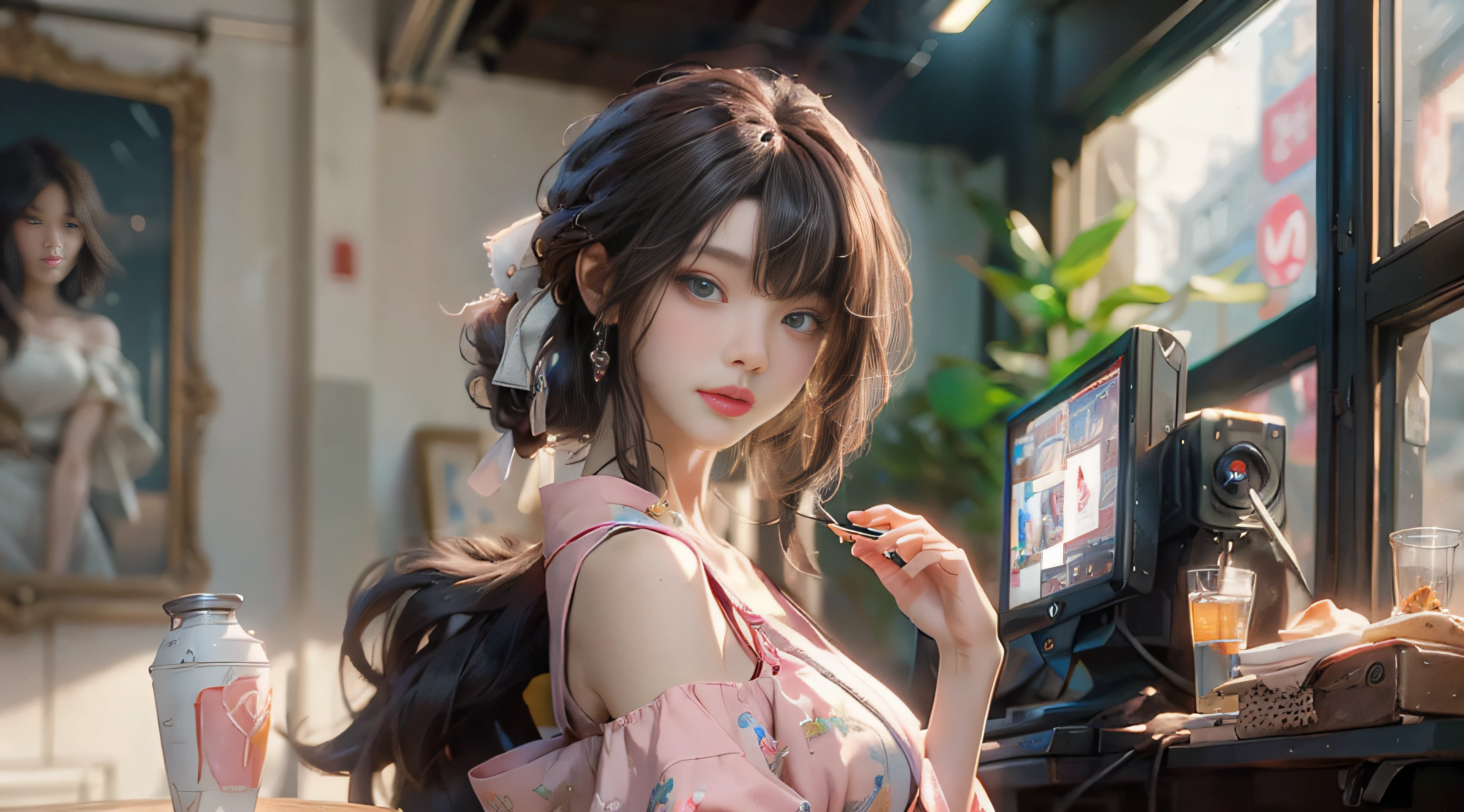 ((Best Quality)), ((Masterpiece)), (Detail: 1.4), 3D, Beautiful Cyberpunk Female Image, HDR (High Dynamic Range), Ray Tracing, NVIDIA RTX, Super Resolution, Unreal 5, Subsurface Scattering, PBR Texture, Post-Processing, Anisotropic Filtering, Depth of Field, Maximum Sharpness and Sharpness, Multi-layer Texture, Albedo and Highlight Mapping, Surface Coloring, Mitsu-Accurate Simulation of Material Interactions, Perfect Proportions, Octane Rendering, Two-color Light, Large Aperture, Low ISO, white balance, regular three-point, 8K RAW, beautiful bright pupils, off-the-shoulder clothes, fine pupils, delicate face and eyes, long eyelashes, blush, delicate and fluffy hair, pink lips, pure, cute, sweet girl, artistic sense, casual wear, high-end sense