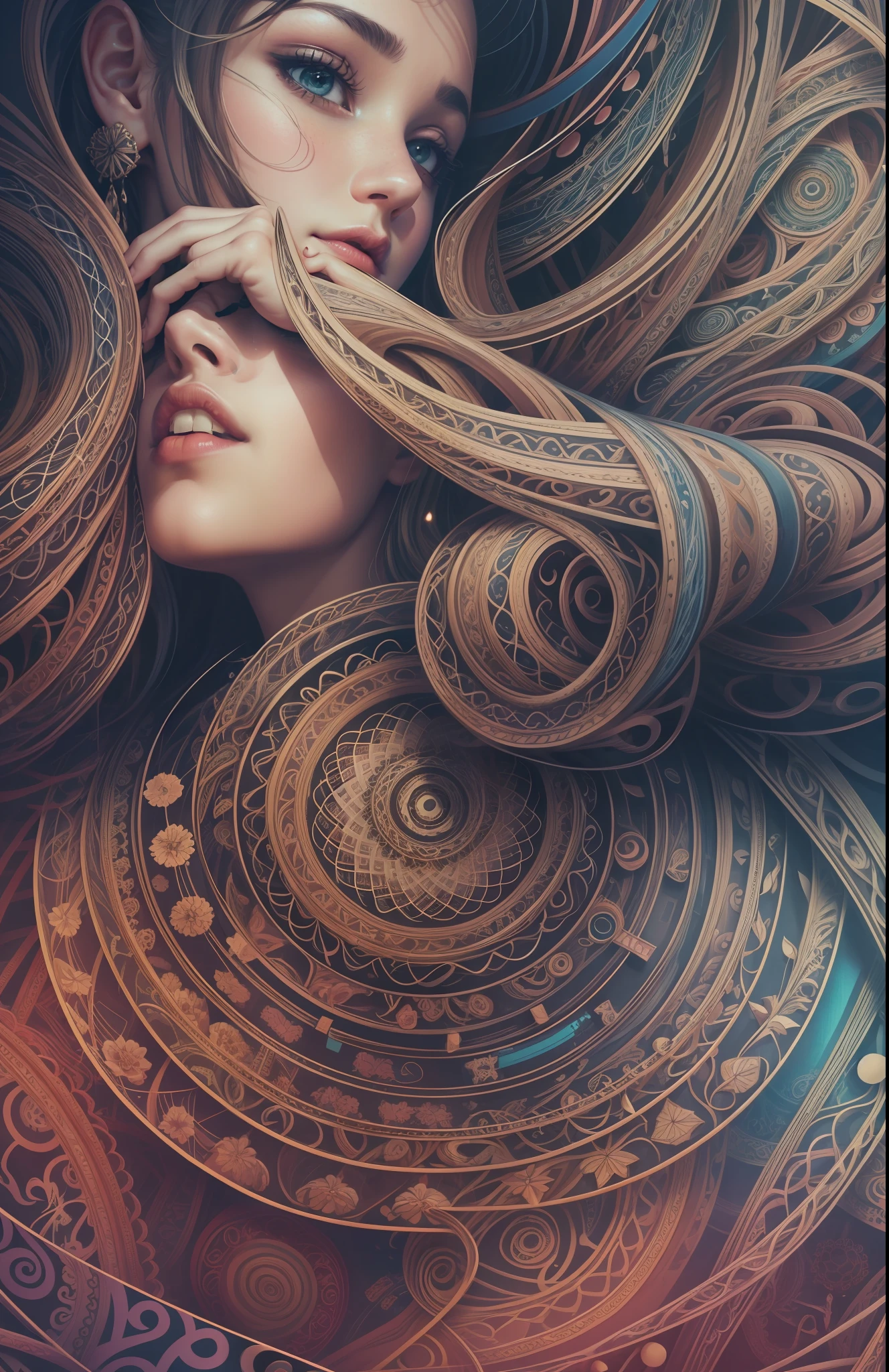 official art, unity 8k wallpaper, ultra detailed, beautiful and aesthetic, masterpiece, best quality, (zentangle, mandala, tangle, entangle), (fractal art:1.3) , 1girl, extremely detailed, dynamic angle, cowboyshot, the most beautiful form of chaos, elegant, a brutalist designed, vivid colours, romanticism, atmospheric, ecstasy of musical notes, streaming musical notes visible