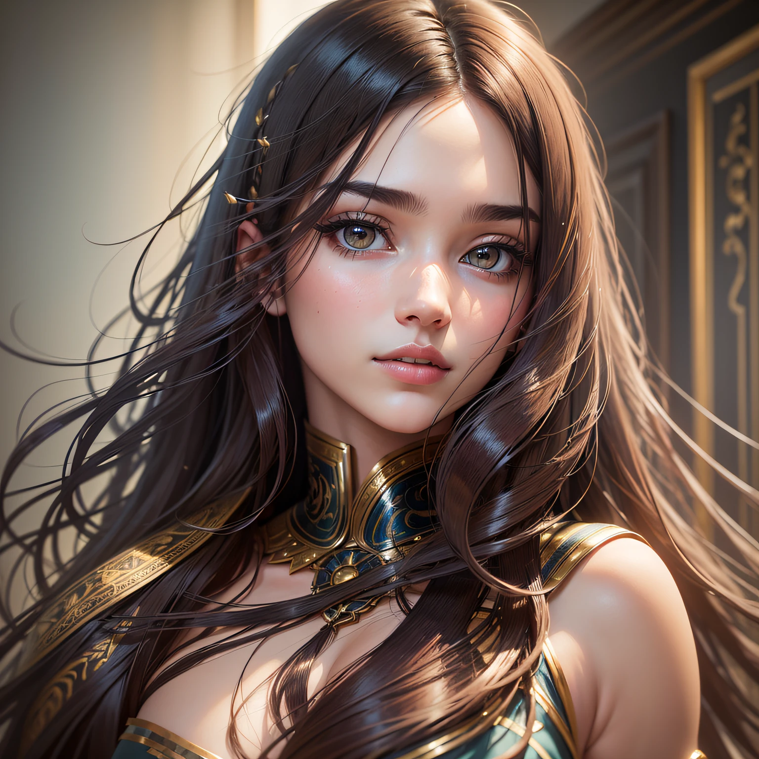 most beautiful long black hair, pale skin, emerald green eyes, Greek garb. The flawless skin shows her full head, shows her full face, shows her half body. Dramatic lighting. Minimalist. wearing t-shirt realistic, cinematic, photography, natural skin, delicate, detailed, photorealistic, beauty photography, 4k, science fiction