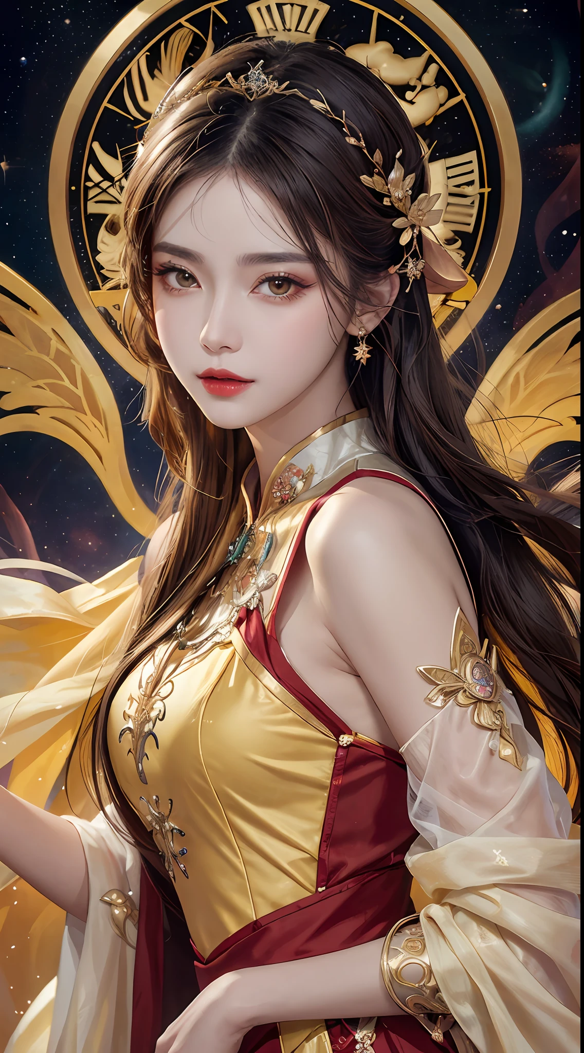 1 27-year-old girl, 1 zodiac goddess from the future, goddess of the pink and purple 12 zodiacs, the goddess of the zodiac in a yellow ao dai, a 12 zodiac ao dai with many black lace detail, mythology Goddess of the 12 zodiacs from the future, zodiac ♏, luxurious glittering zodiac style, dark and mysterious version, zodiac crown, lipstick lips red, thin and beautiful lips, Smile makes viewers fall in love, characters made by karol bak and pino daeni, intricate detail, detailed background, extremely detailed, light magic, a woman, clear face, look at the face of goddess zodialook at the zodiac goddess face, hair long with bangs, beautiful face in detail and well-proportioned eyes, (transparent yellow eyes: 1.8), big round eyes and very beautiful and detailed makeup, foresight, silk dress, mysterious makeup, double bangs and dyed light blonde, uper body, zodiac goddess uper body, arms hanging loosely, Realistic and vivid photo, (stars make up the zodiac: 1.7), (sky background zodiac and fictitious space and time portal: 1.8), fiction art, RAW photo, hanfu picture, best photo, best photo quality, 8k quality, 8k ultra, super realistic, real photo most economical, artistic portrait of goddess zodiac,