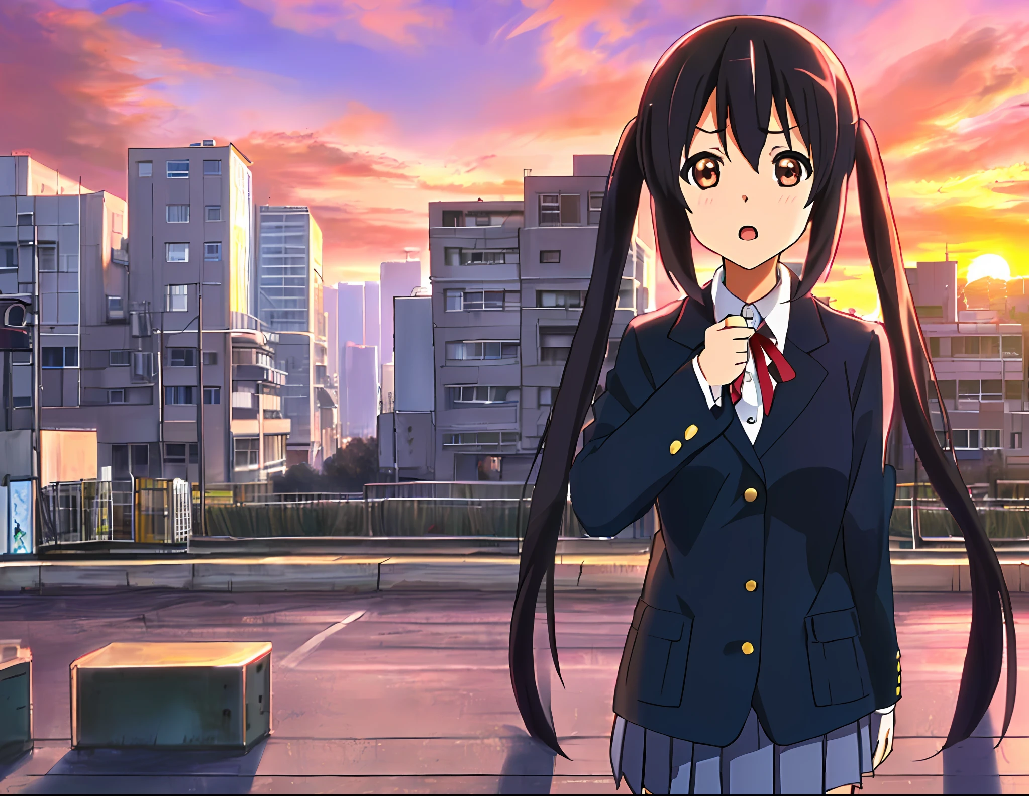 1girl, ((((Masterpiece))), Best Quality, Best Quality, High Detail, Azusa Nakano, 1girl, Sakuragaoka High School Uniform, Musical Instrument, School Uniform, Twin Tails, Long Hair, Black Hair, Brown Eyes, Solo, Red, Dark blue blazer with a thin ribbon of red, Solid white button shirt under blazer, Illustration, Cartoon, Soothing tones, Muted colors, Soft cinematic light, Adobe Lightroom, Photo Lab, HDR, complex and highly detailed, (((depth of field))))). (((Masterpiece))). (((highest quality))).) ((super detail))). (((Illustration))). (((Outside))). (((fighting stance))).,((((Giantization))).dynamic focus.small breasts. (((skyscrapers))). (((Cityscape))). (((Despair Face))). open mouth. (((Sunset))). (((Sunset))).