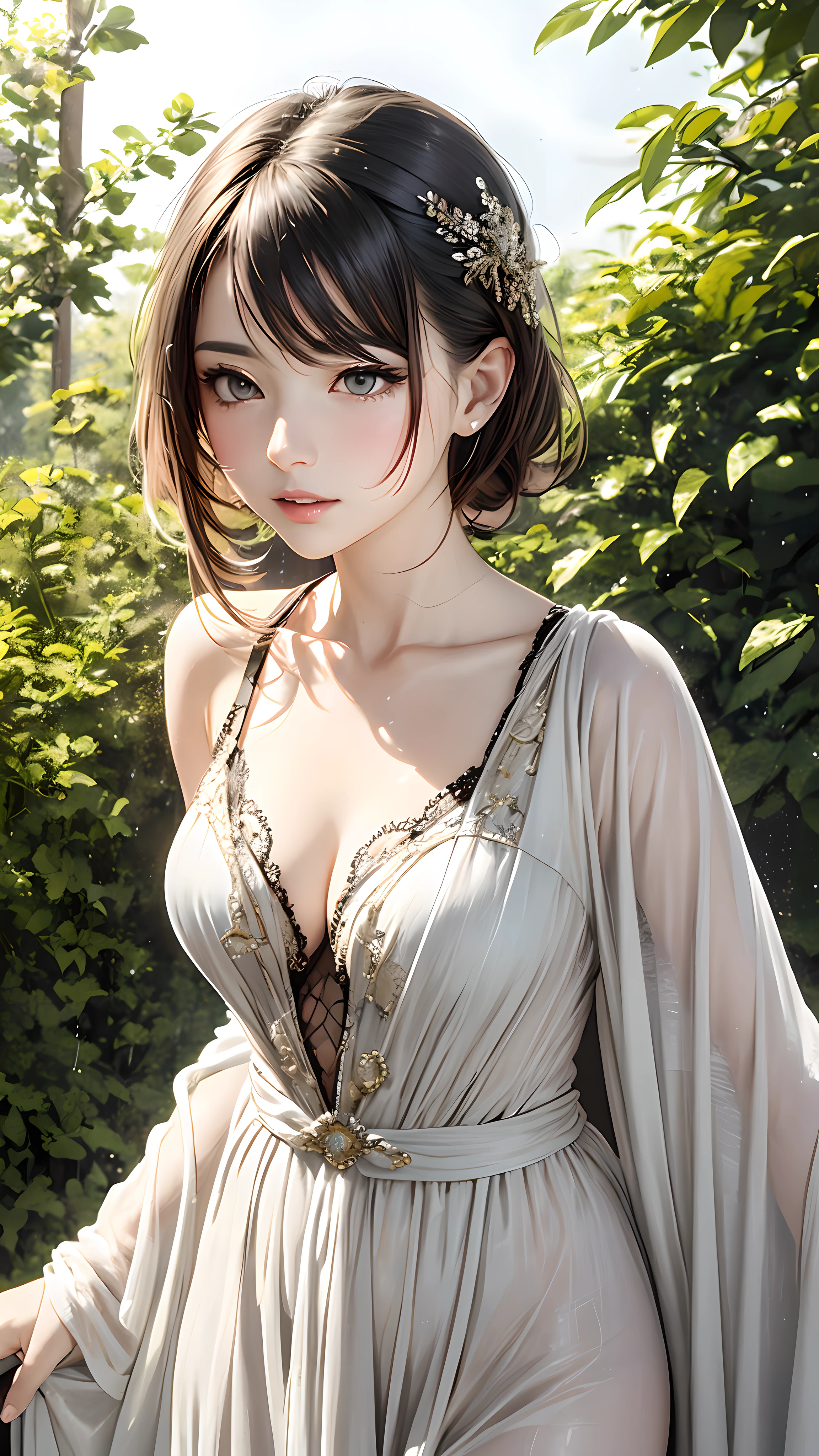 A mage woman wearing a robe of intricate and delicate design looks up at the sky in a lush garden amidst the rain. She has a beautiful face and shining eyes of vivid colors. She wears intricate and delicate ornaments. The sunlight reflects off the raindrops, making them sparkle. Detailed drawing. Vivid colors. High image quality