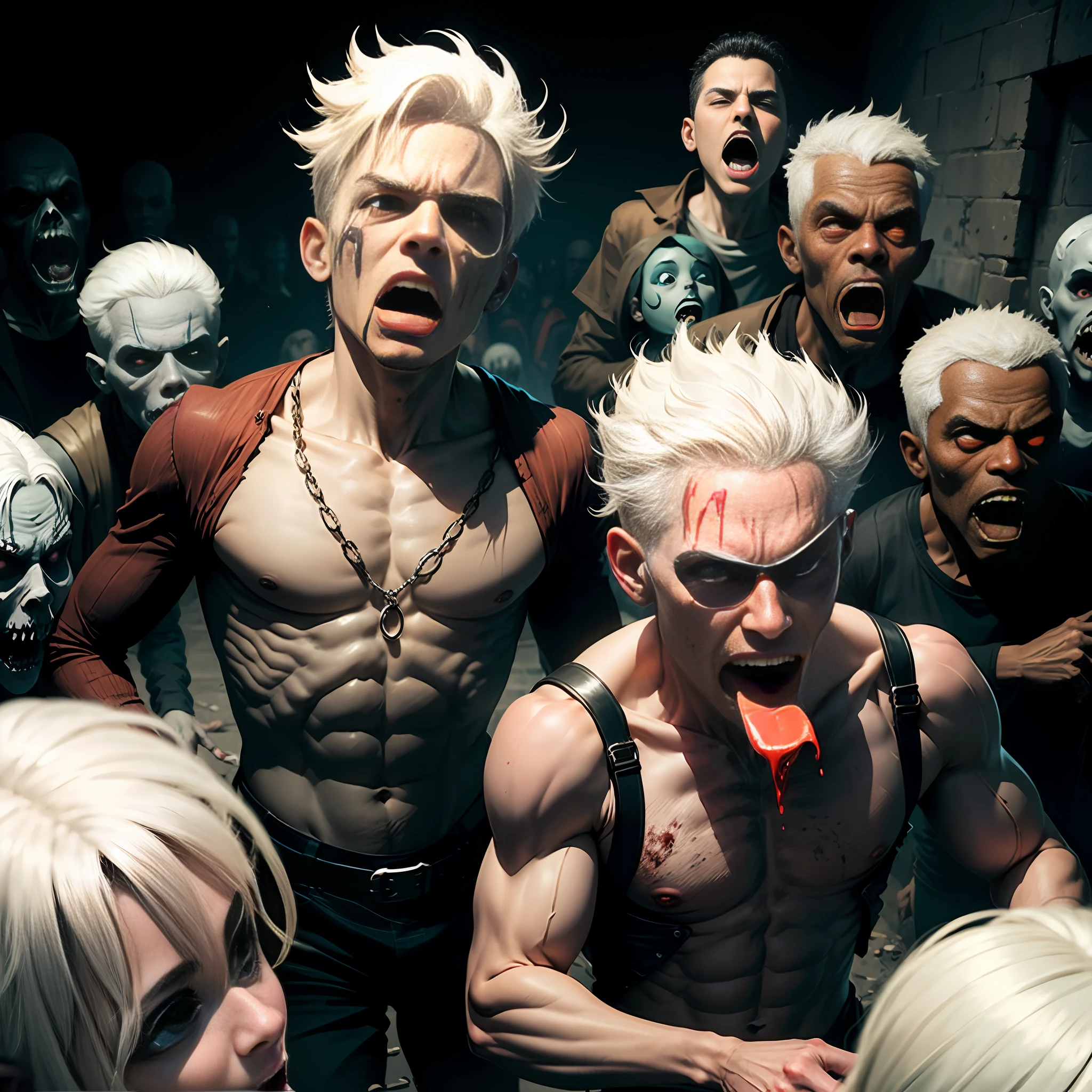 A boy with white hair, a group of zombies terrifying, tearing and biting, the boy opens his mouth